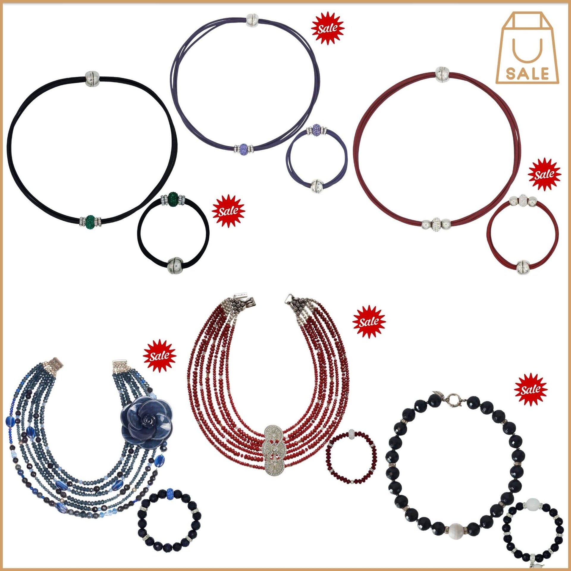 Juegos de collares y pulseras de fiesta realizados con cuentas de piedras naturales y plata. También disponemos de collares cortos o gargantillas de cuero 