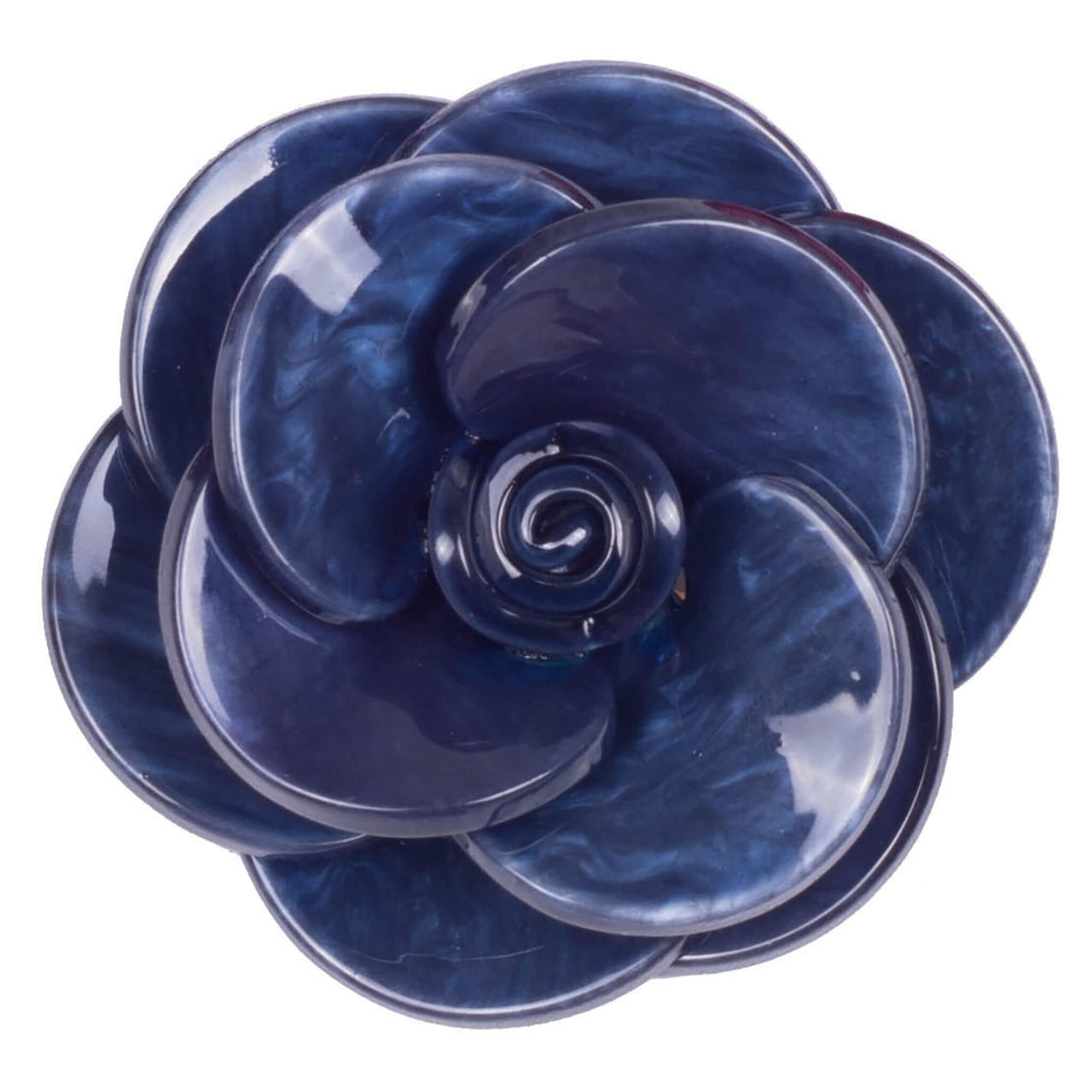 Broche flor camelia de resina brillante color azul de 7 cm de diámetro. Cierre metálico dorado de alfiler con cierre de seguridad. El complemento ideal para lucir como broche sobre la ropa, un bolso, un sombrero o un collar. Lo hay en marrón chocolate, fucsia, azul y Kaki.