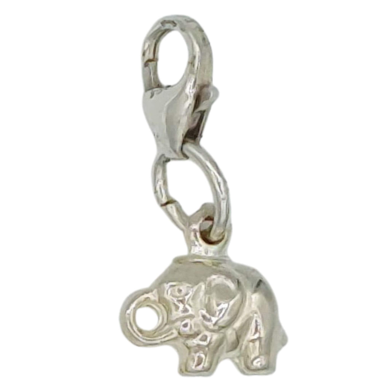 Charm elefante colgante de Plata de ley. Elefante de 1 cm alto x 1 cm ancho. Puede ir con anilla para poder colgarlo de una cadena o colgar con su cierre mosquetón de una pulsera de plata.