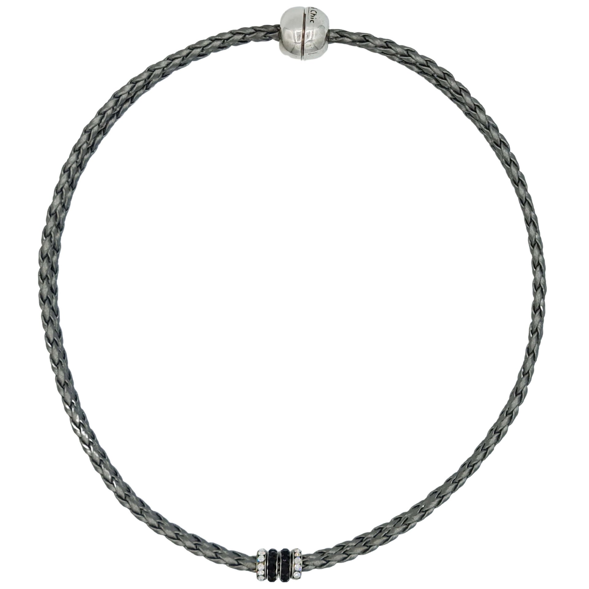 Collar gargantilla de cuero sintético trenzado gris y rondelles de strass