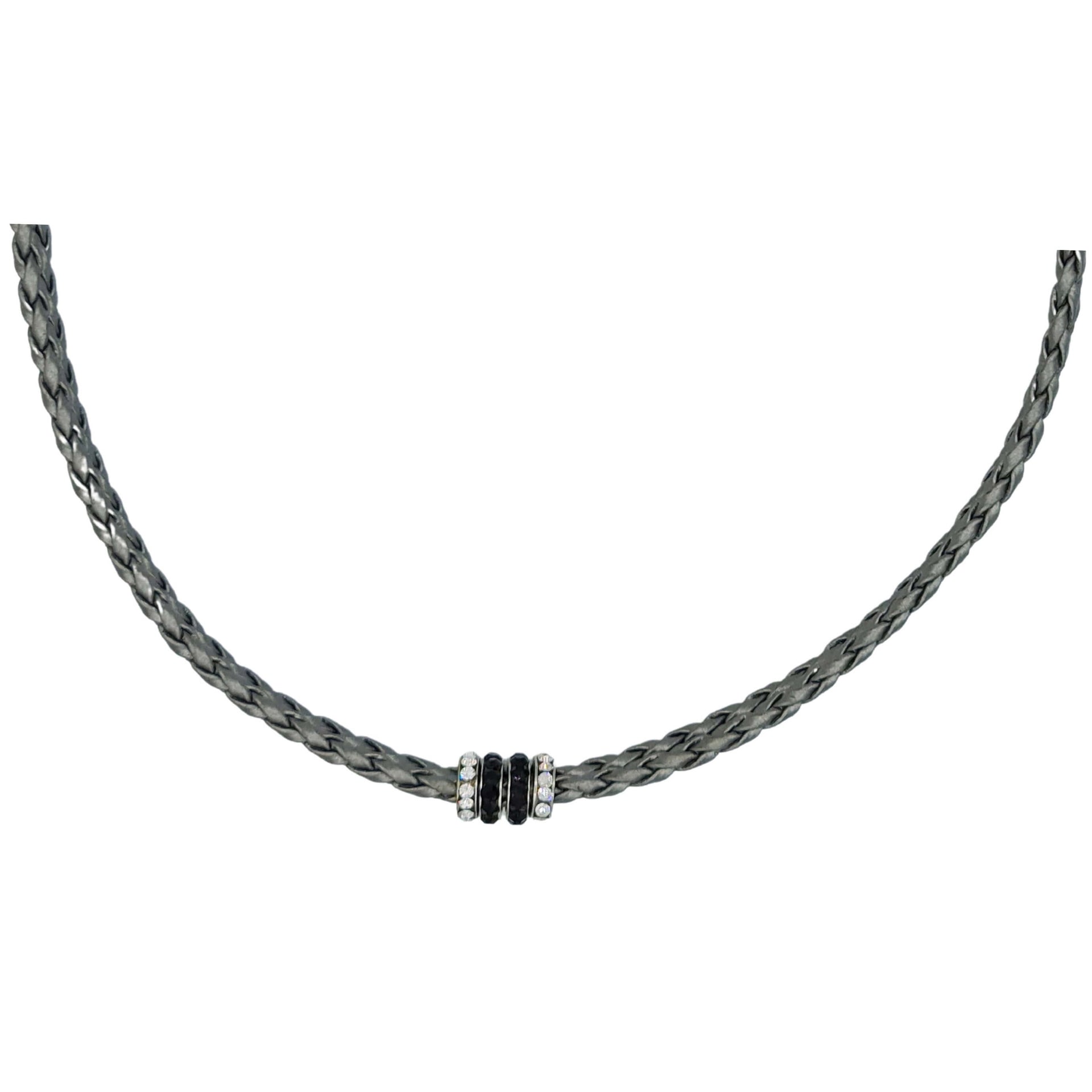 Collar gargantilla de cuero sintético trenzado gris y rondelles de strass