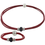 Set de pulsera y collar gargantilla de cuero rojo y brillantes de cristal negro