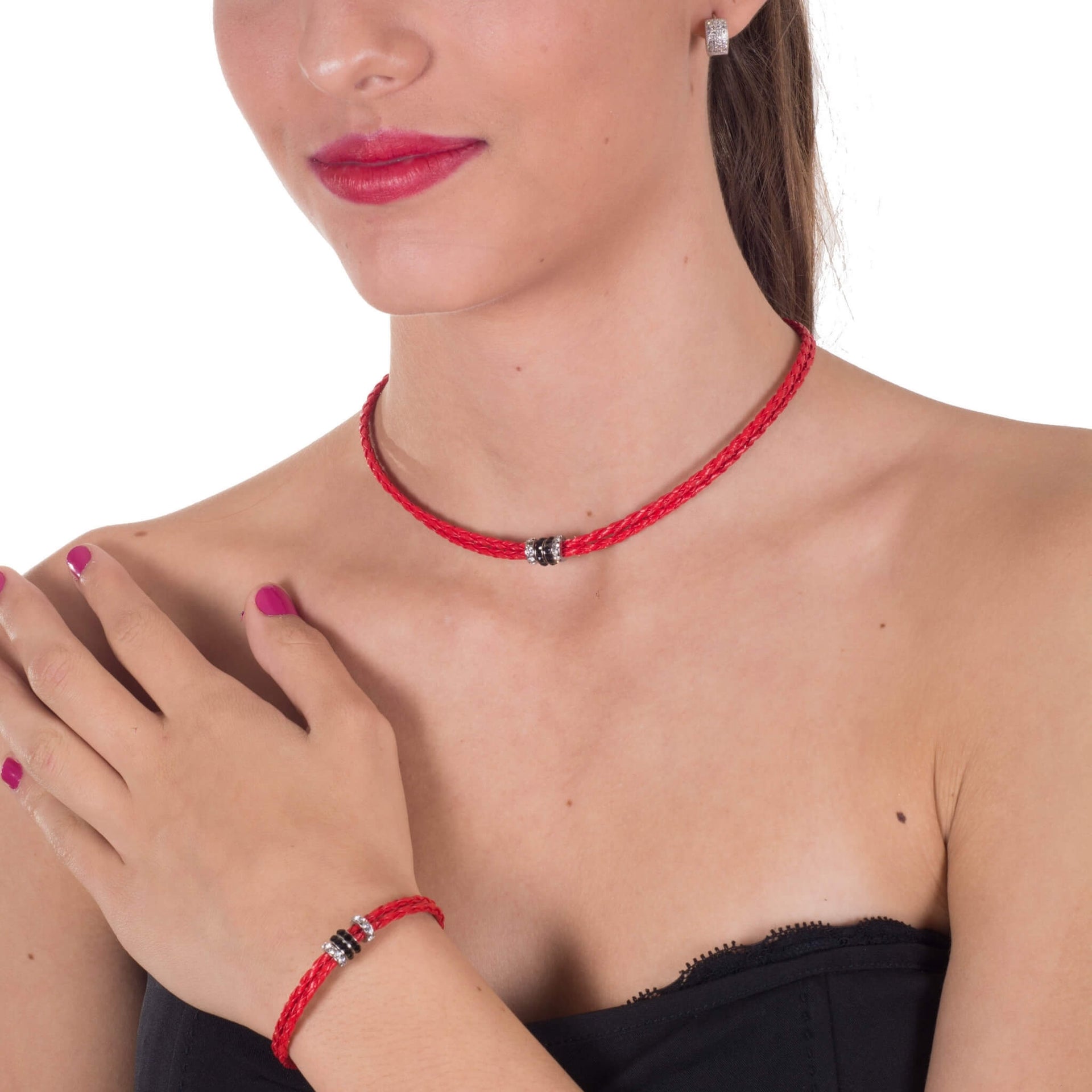 Pulsera y Collar gargantilla de cuero sintético rojo y rondelles de strass