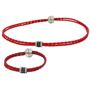 Set de pulsera y collar gargantilla de cuero sintético trenzado rojo y rondelles de strass