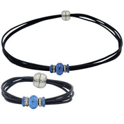 Set de collar y pulsera de cuero negro y brillantes de cristal azul