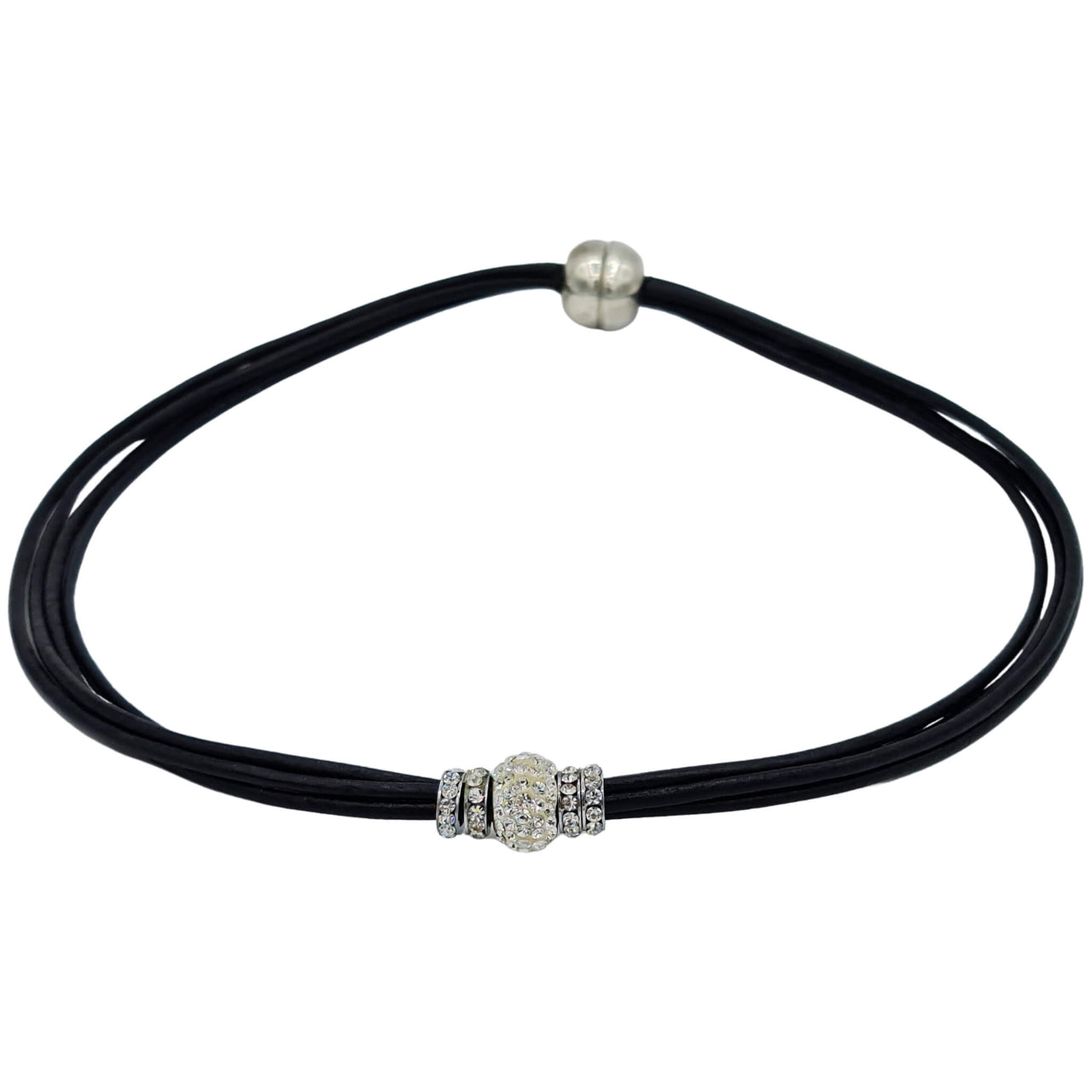 Collar gargantilla de cuero negro y brillantes de cristal blancos