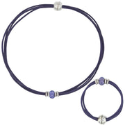 Collar gargantilla y pulsera de cuero morado y brillantes de cristal morado