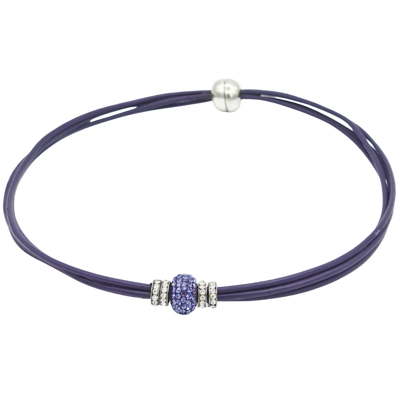 Collar gargantilla de cuero morado y brillantes de cristal morado