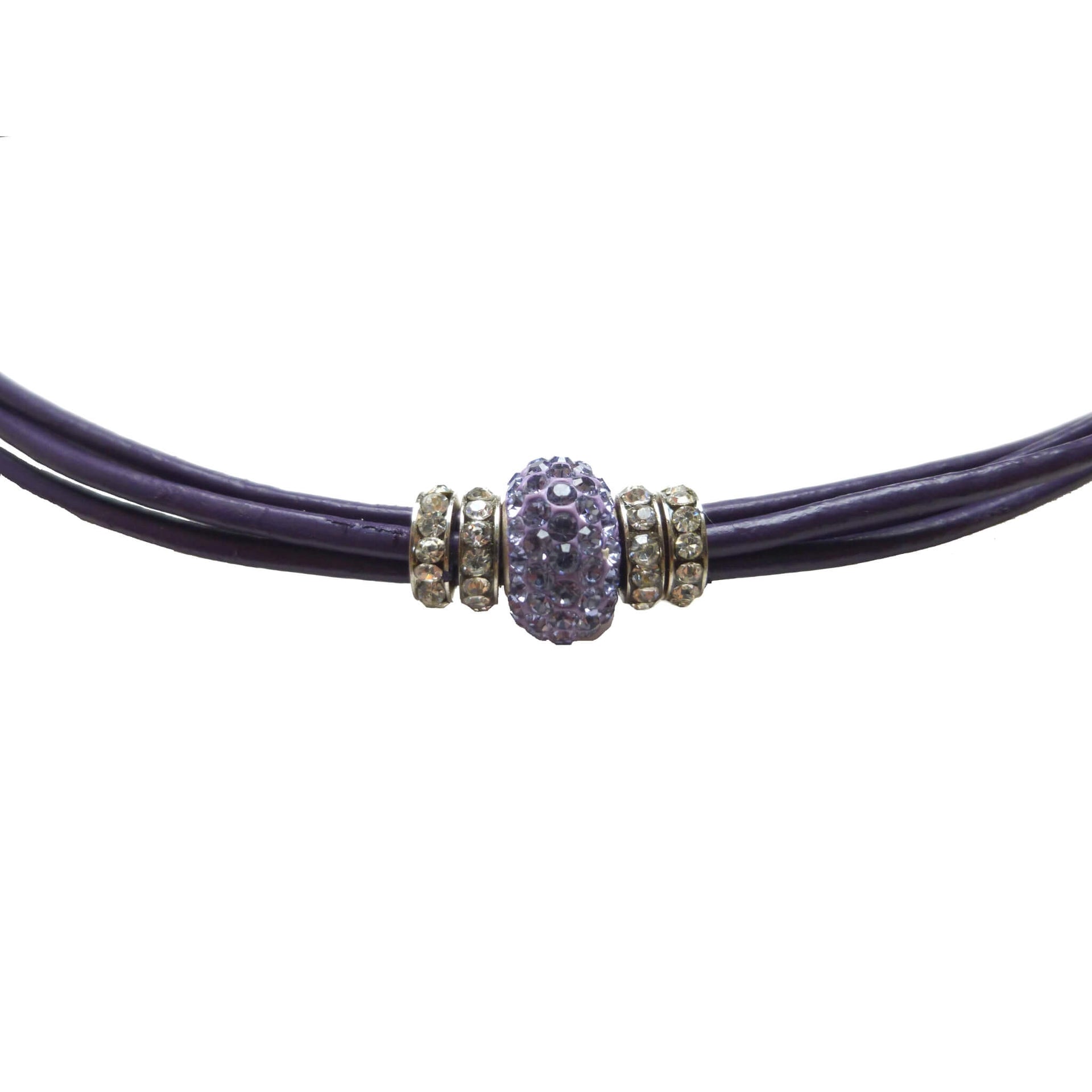 Collar gargantilla de cuero morado y brillantes de cristal morado