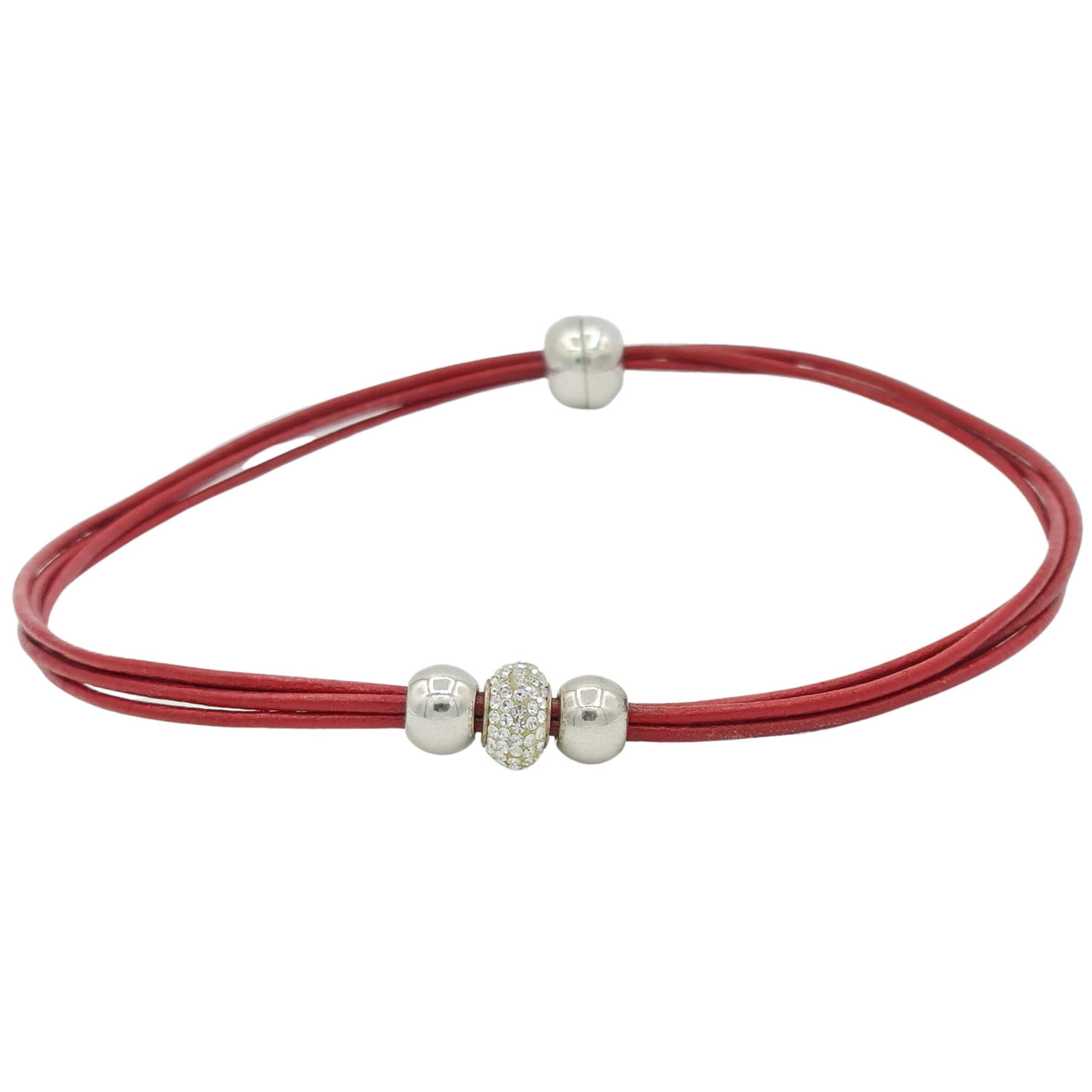 Collar gargantilla de cuero rojo y brillantes de cristal blanco