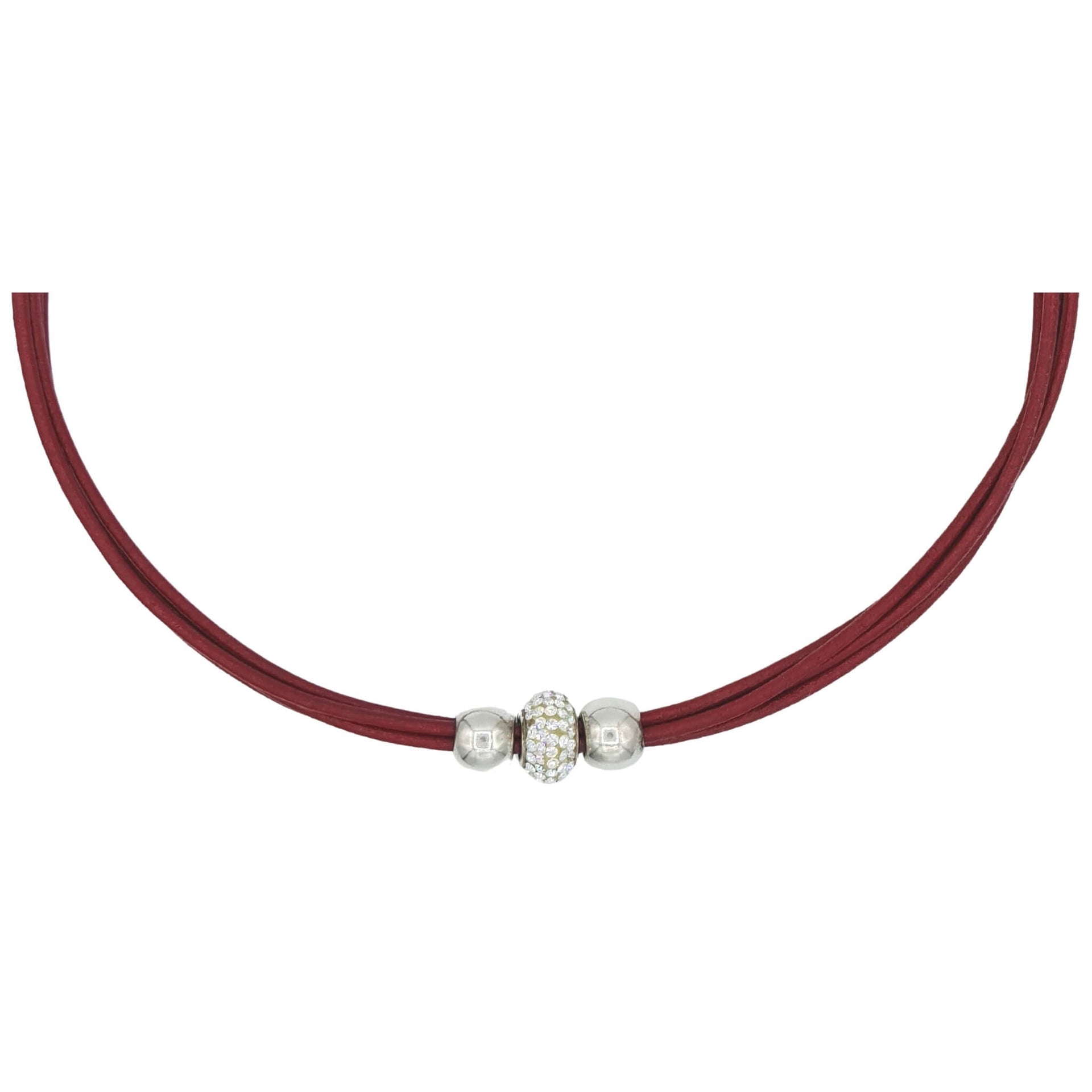 Collar gargantilla de cuero rojo y brillantes de cristal blanco