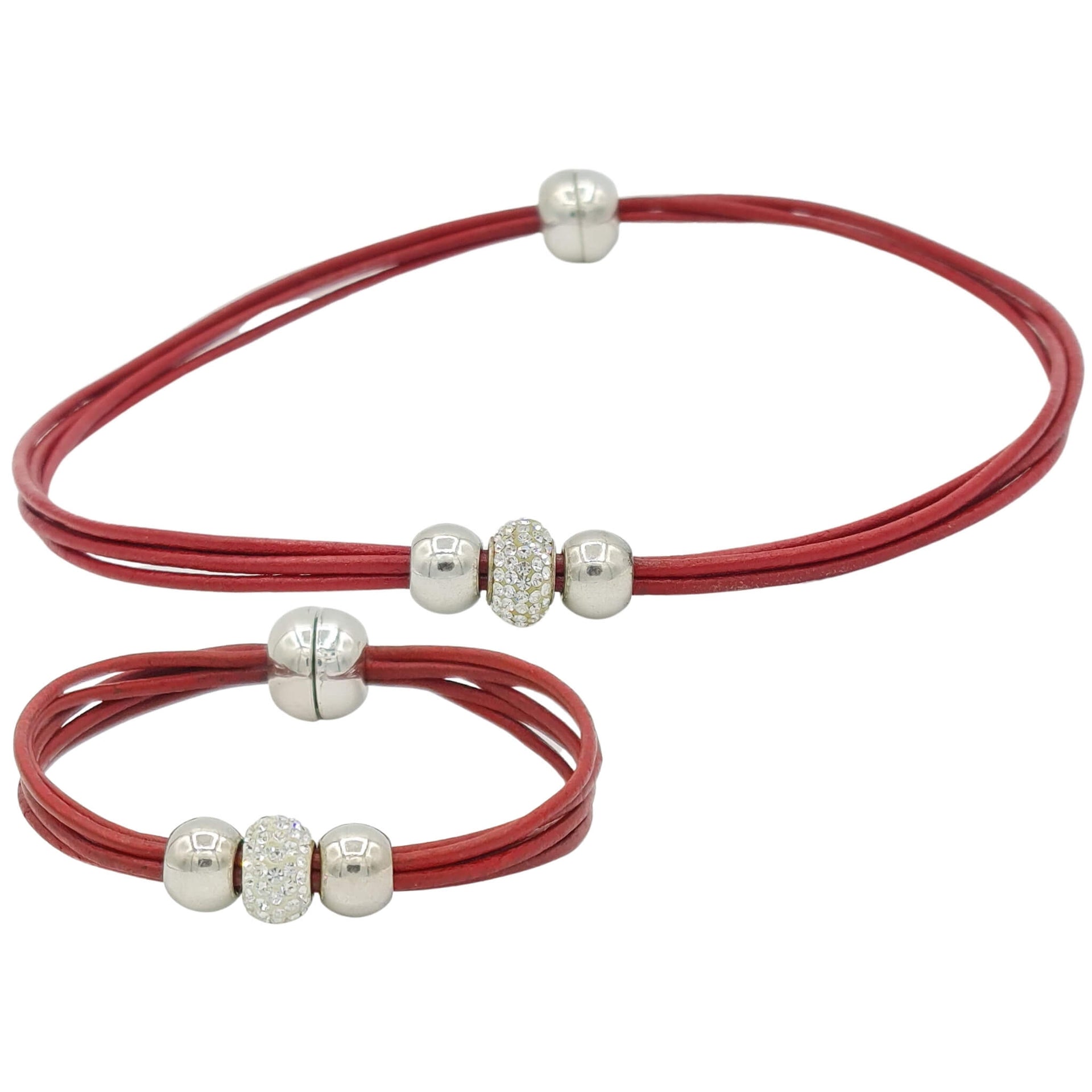 Set de pulsera y collar de cuero rojo y brillantes de cristal blancos