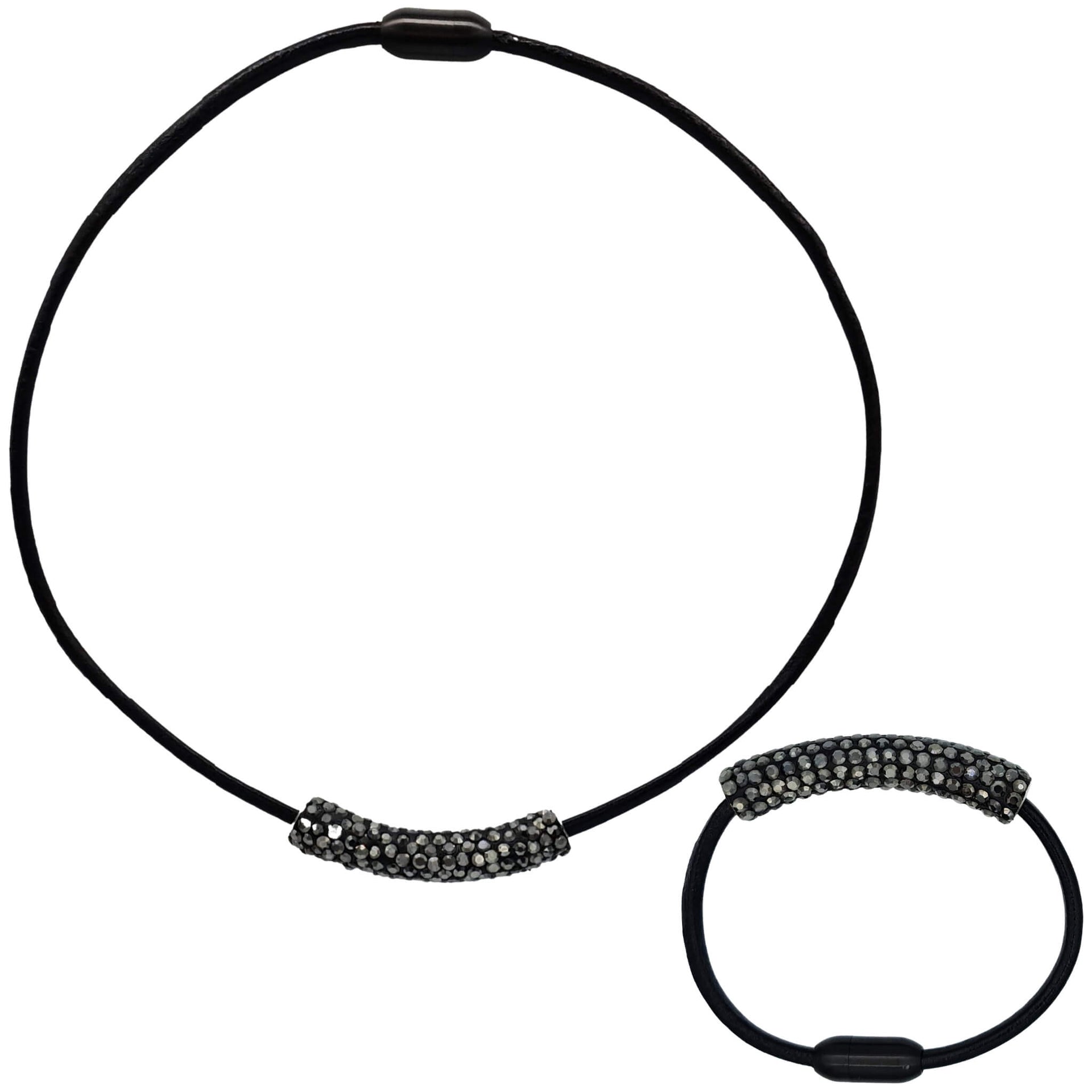 Set de pulsera y collar de cuero negro y tubo de strass negro