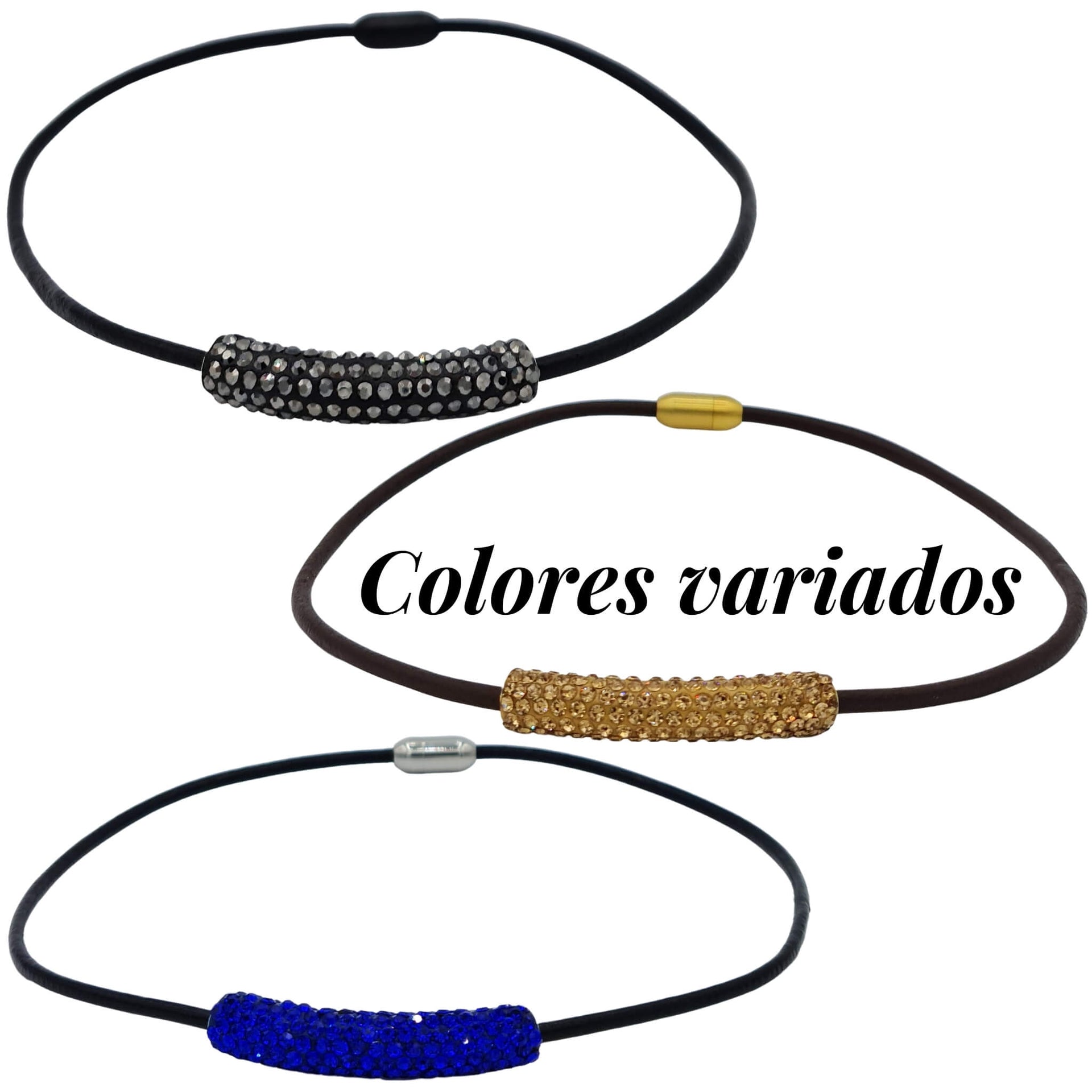 Collares gargantilla de cuero y tubo central de strass multicolor