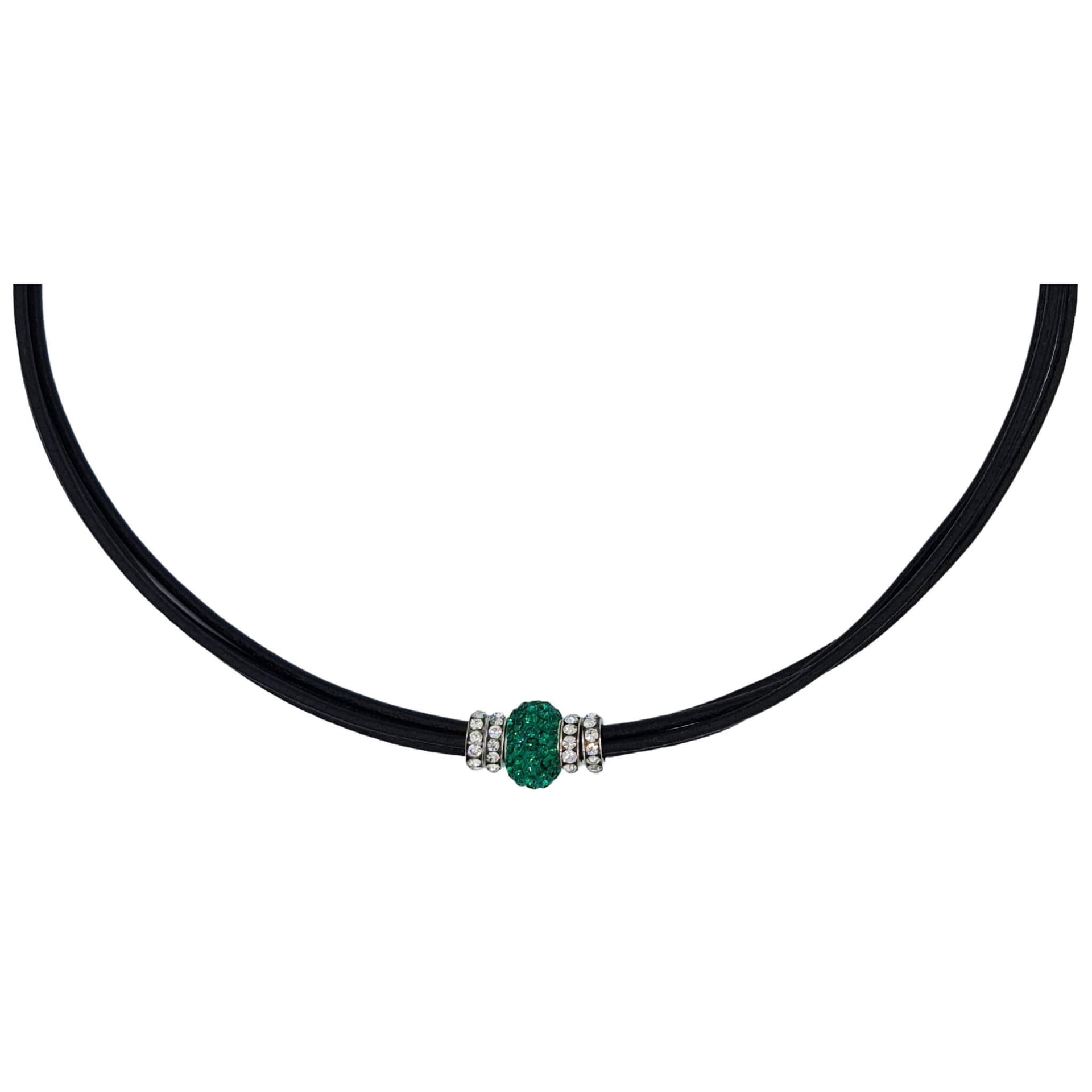 Collar gargantilla cuero negro y brillantes de cristal verde