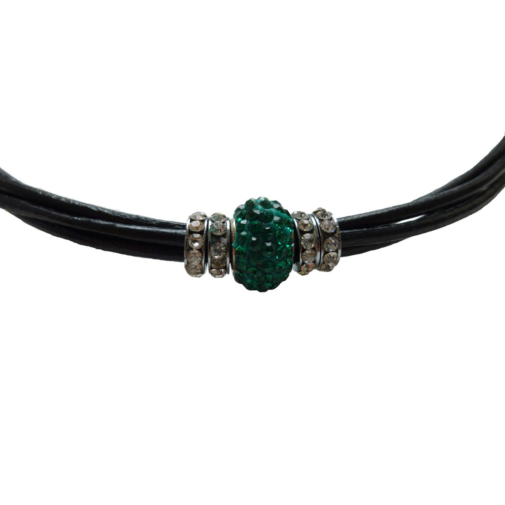 Collar gargantilla cuero negro y brillantes de cristal verde