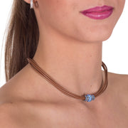 Collar gargantilla de cuero chocolate y brillantes de cristal azul