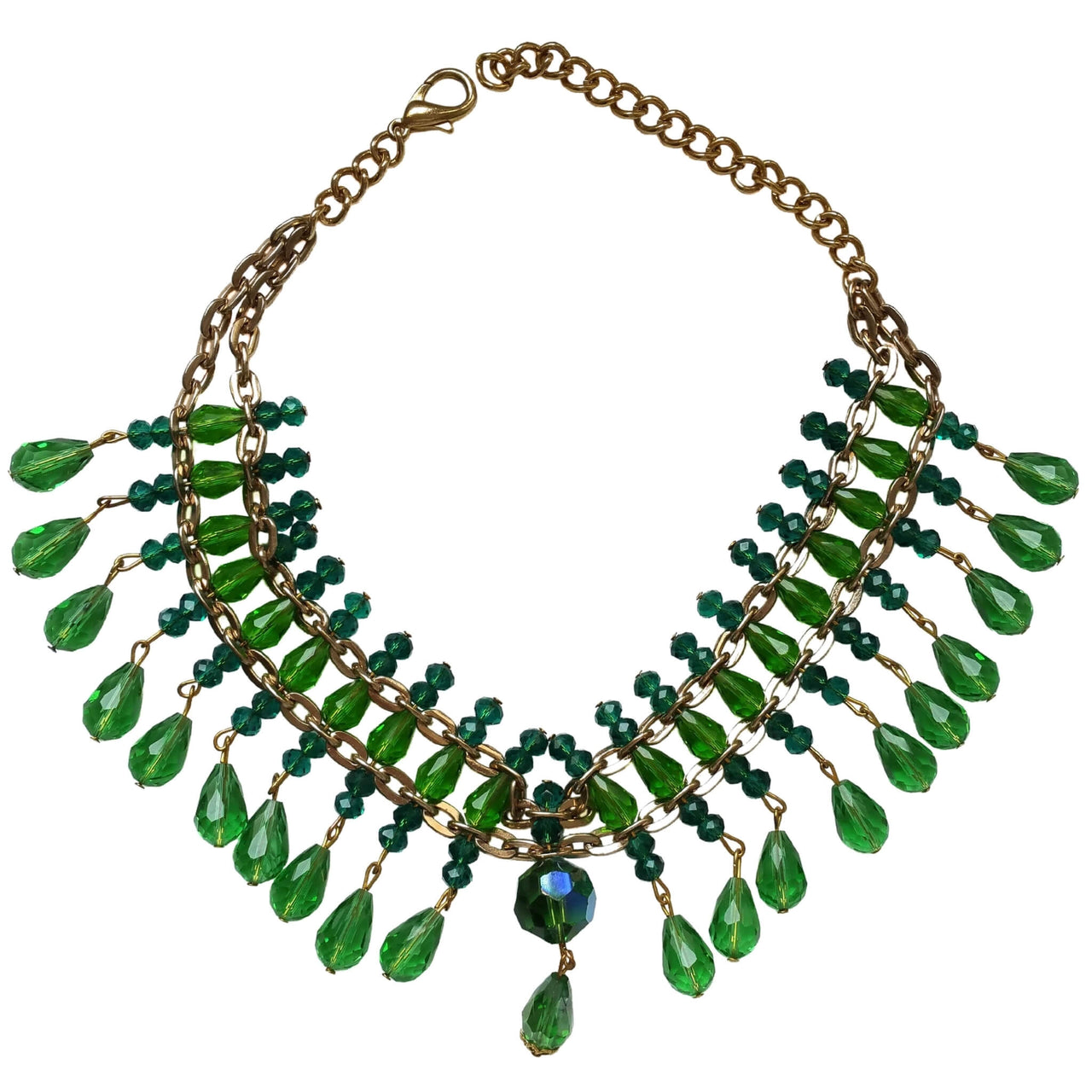 Collar de cristal de lágrimas verdes colgantes y cadena dorada