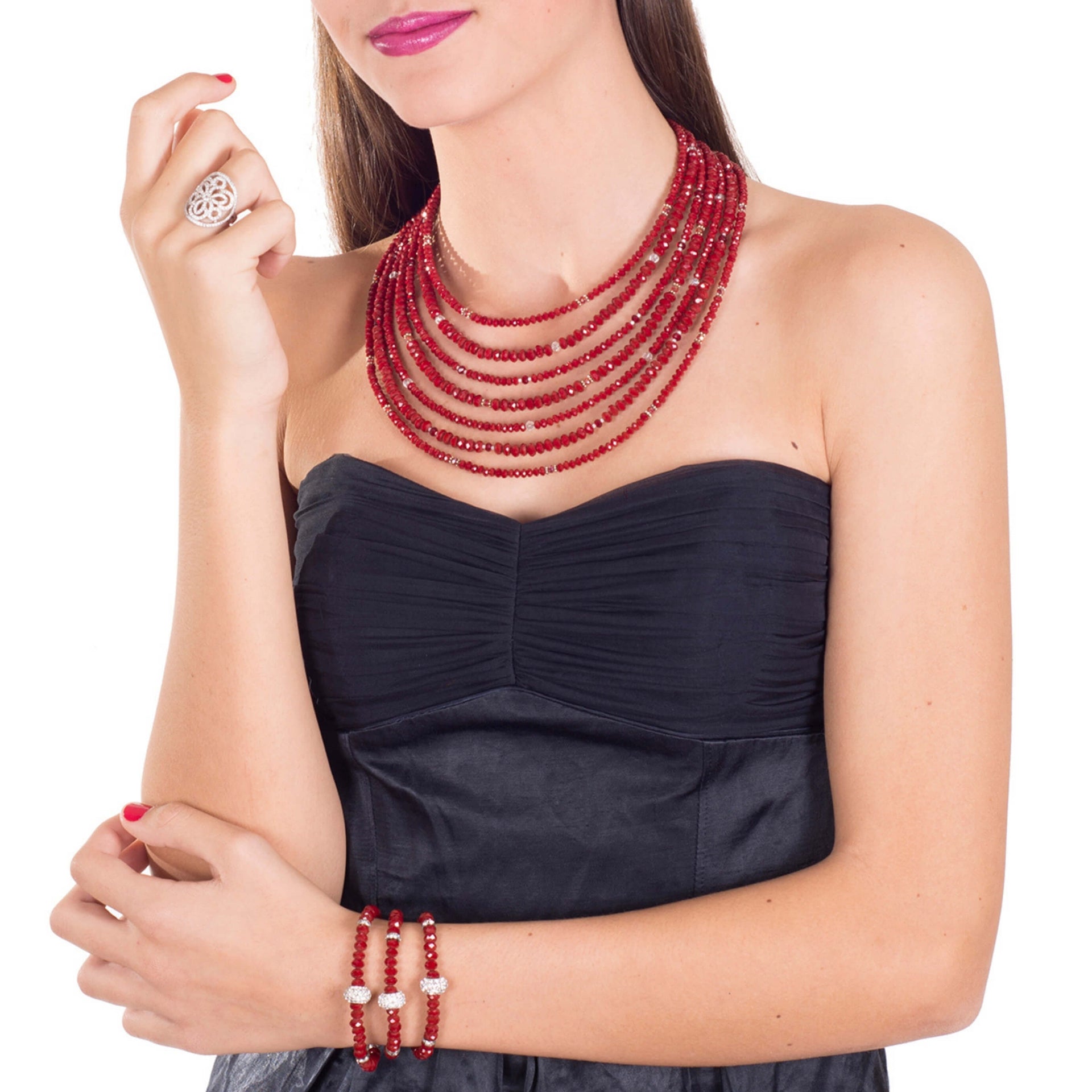 Set de collar y pulsera de cristal rojo de 7 vueltas y pulsera a juego