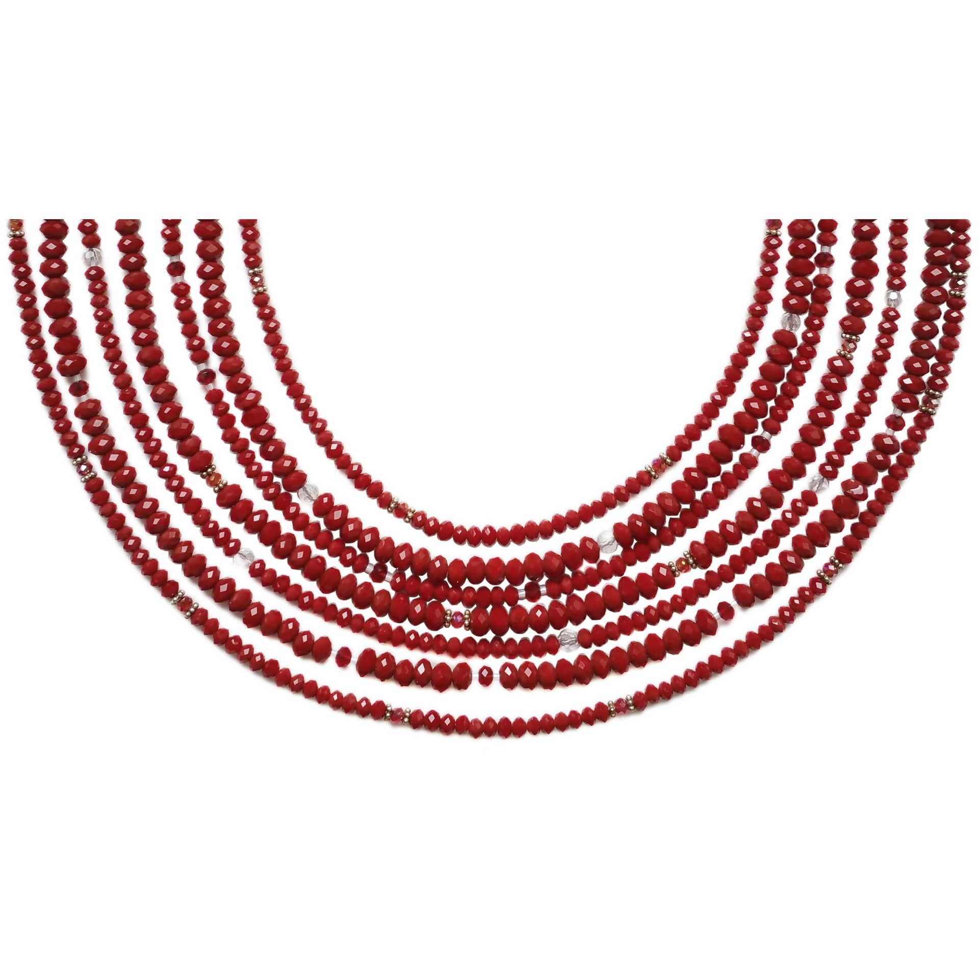 Collar de cristal rojo de 7 vueltas y cierre labrado de plata