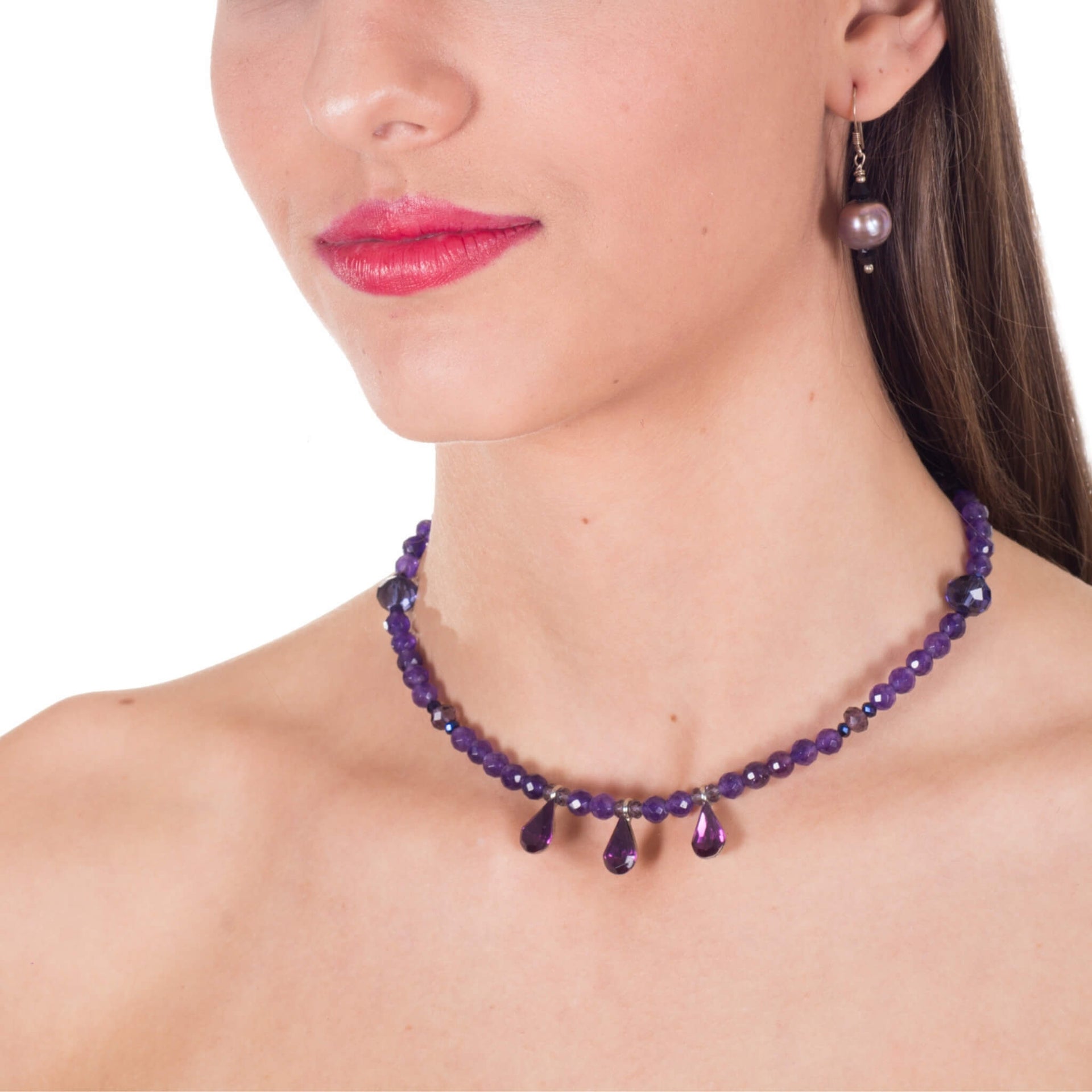 Collar gargantilla de ágata morada y 3 lágrimas de cristal