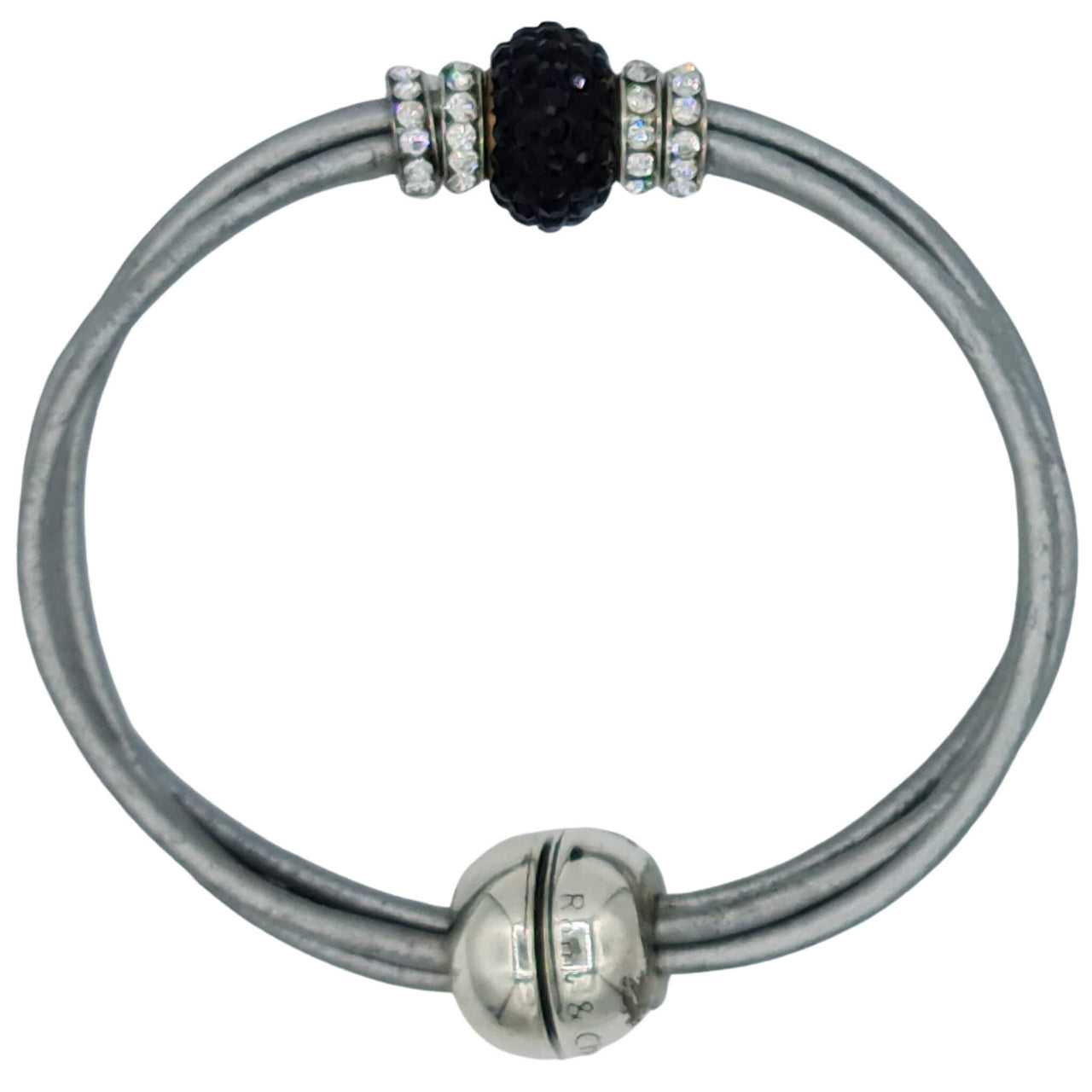 Pulsera de cuero gris plata y brillantes de cristal negros