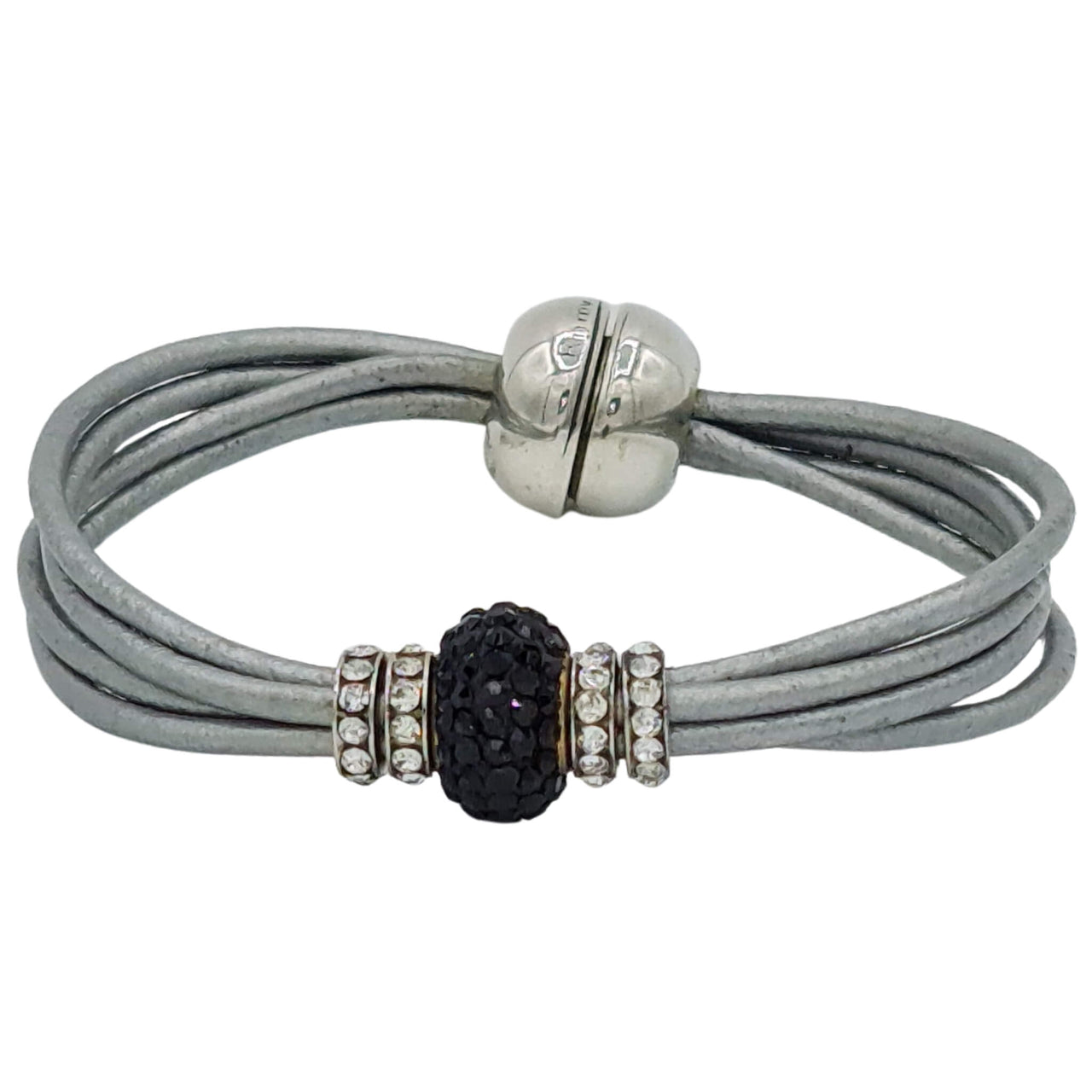 Pulsera de cuero gris plata y brillantes de cristal negros