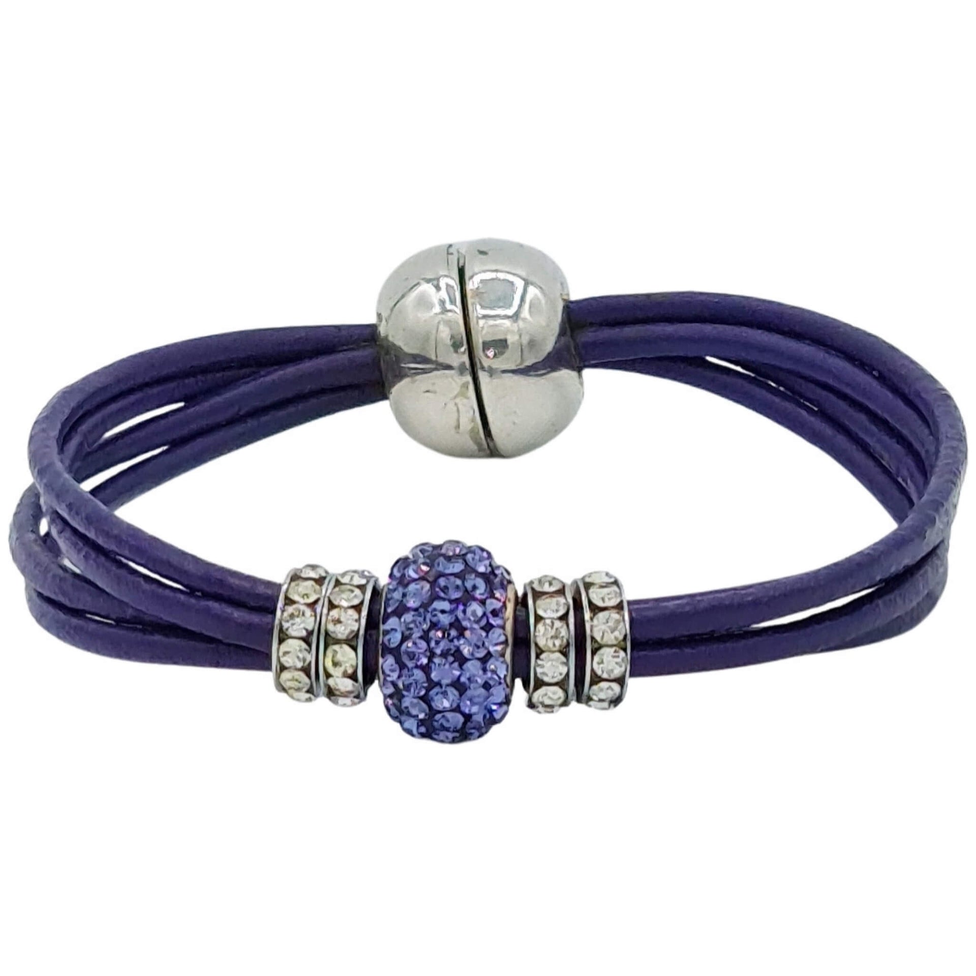 Pulsera de cuero morado y brillantes de cristal morado