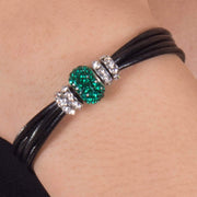 Pulsera de cuero negro y central de brillantes de cristal verde