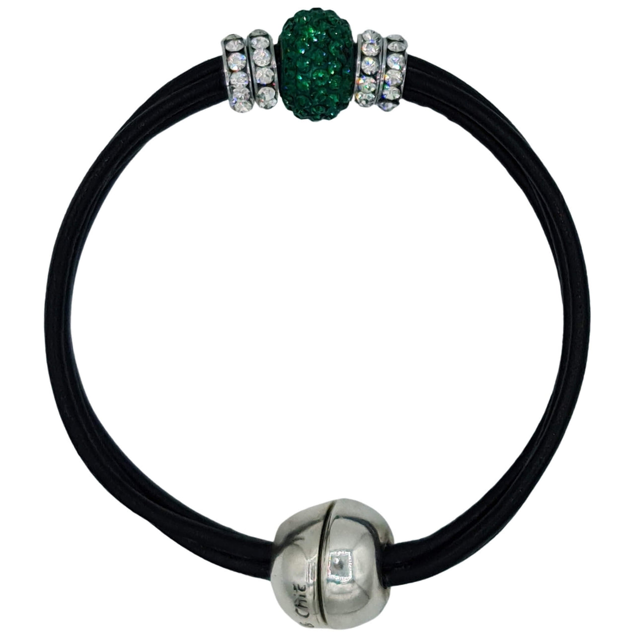 Pulsera de cuero negro y central de brillantes de cristal verde