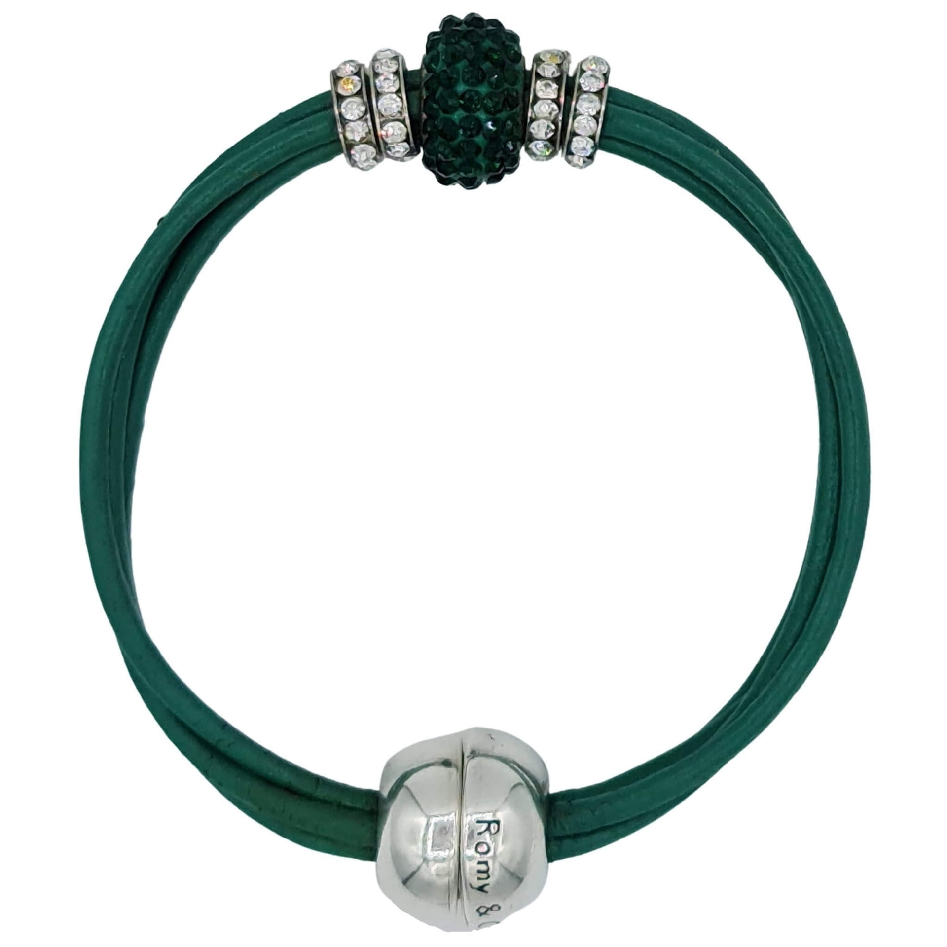 Pulsera de cuero verde y central de brillantes de cristal verde