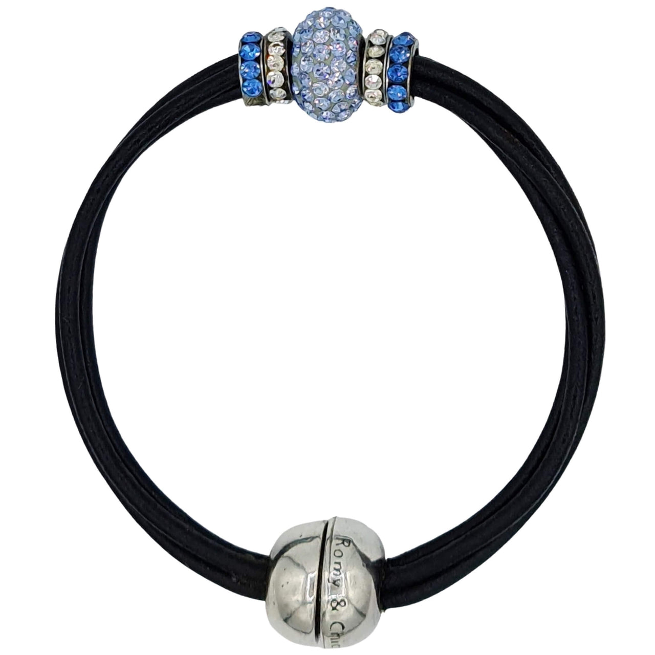 Pulsera de cuero negro y central de brillantes de cristal azul