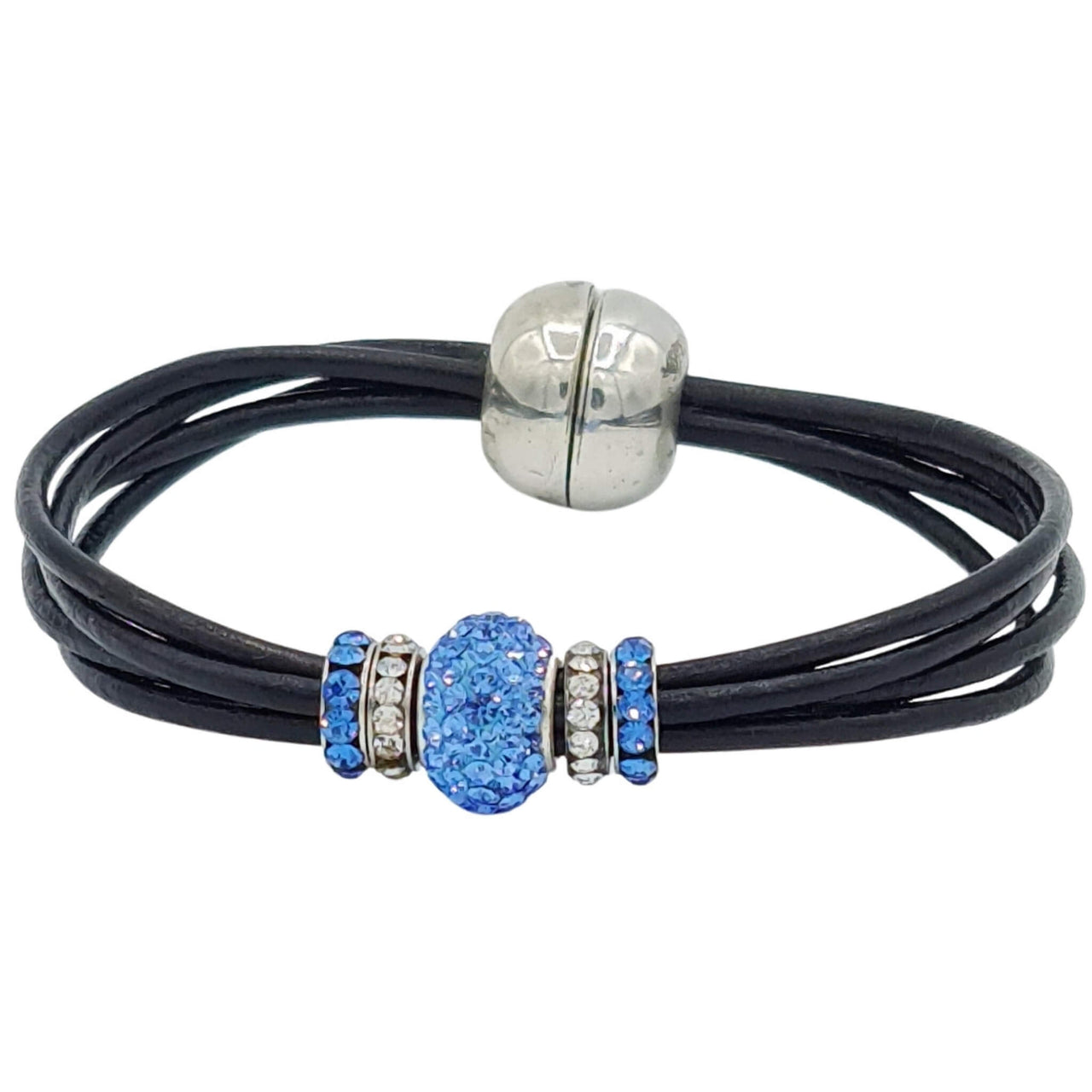 Pulsera de cuero negro y central de brillantes de cristal azul