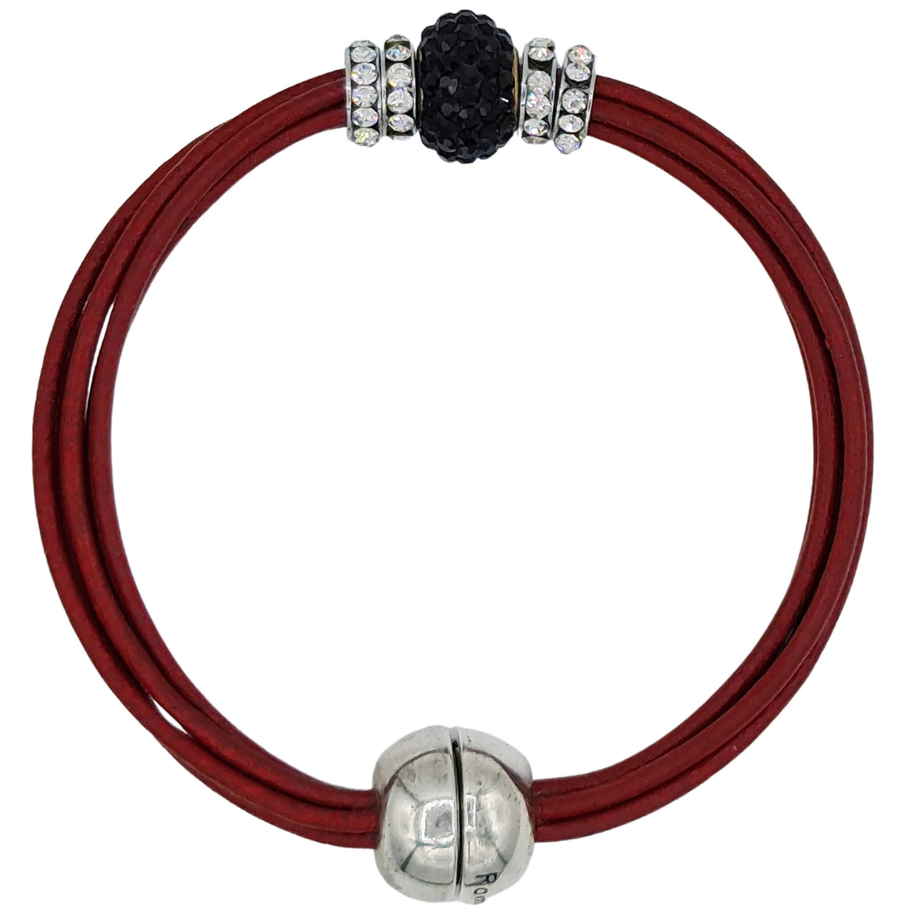 Pulsera de cuero rojo y central de brillantes de cristal negro