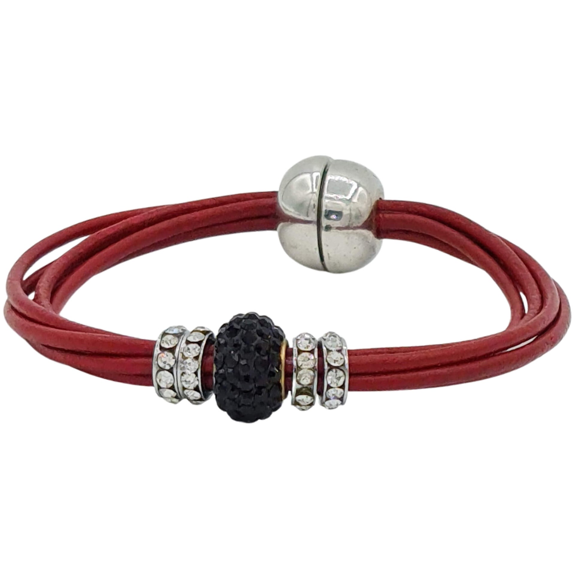 Pulsera de cuero rojo y central de brillantes de cristal negro