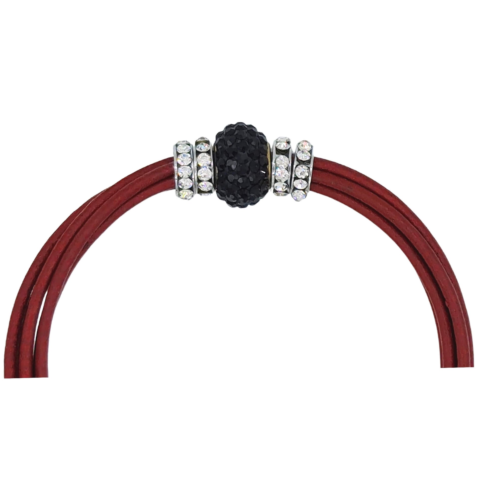 Pulsera de cuero rojo y central de brillantes de cristal negro