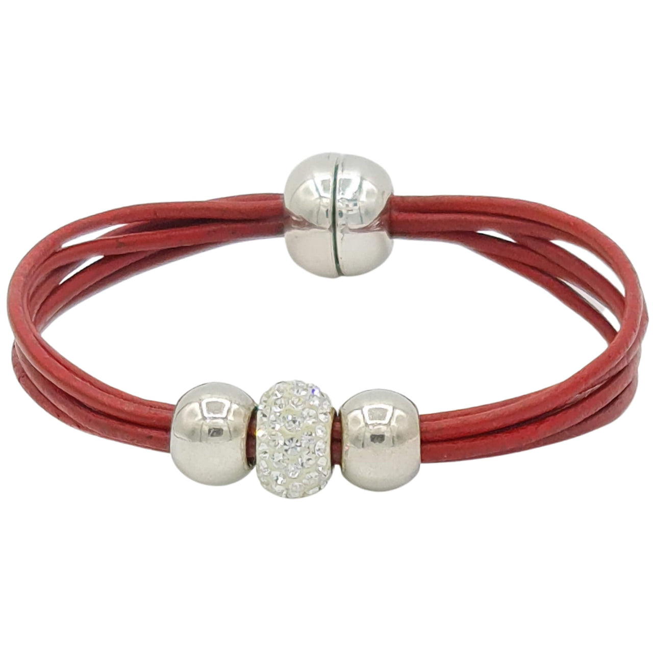 Pulsera de cuero rojo y brillantes de cristal blancos