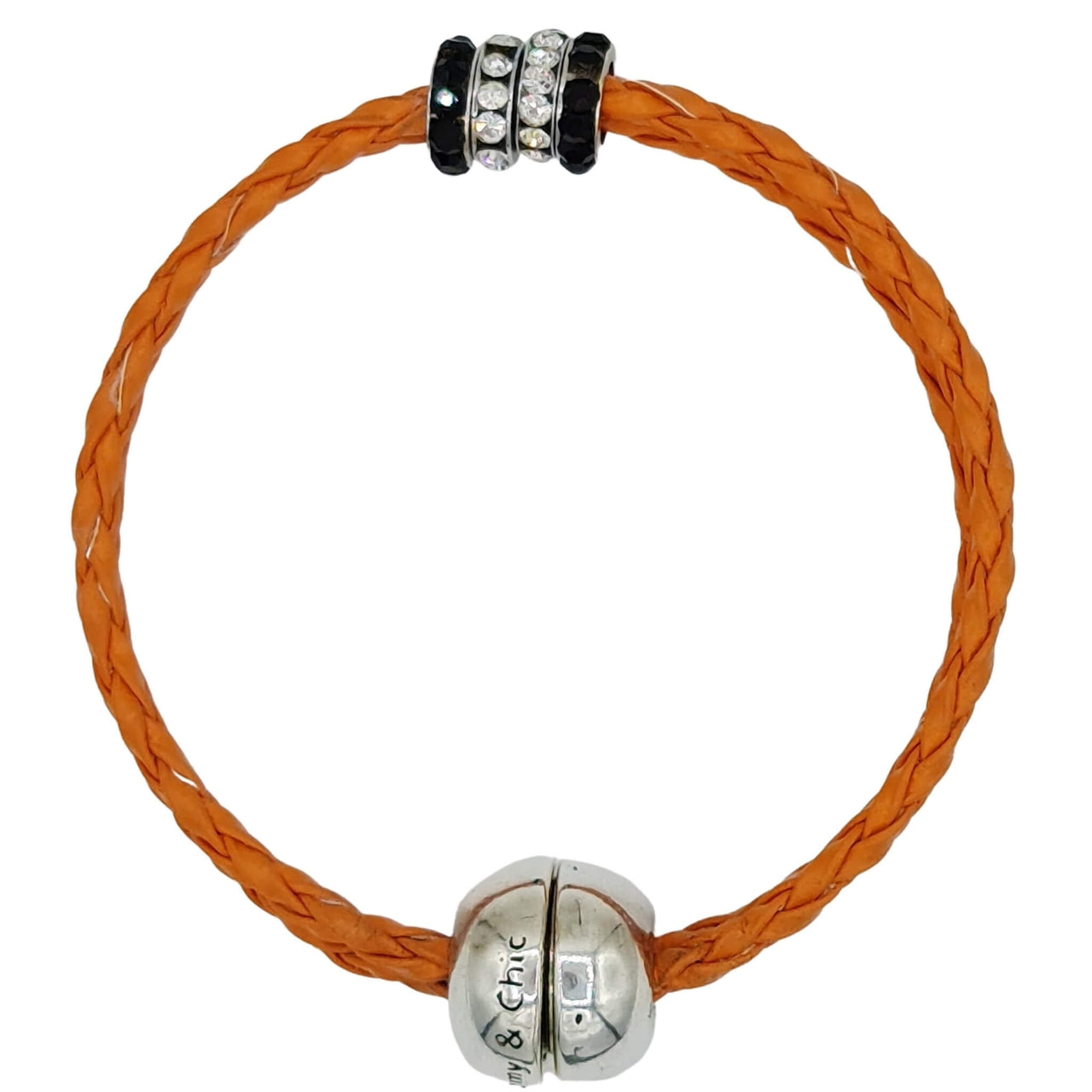 Pulsera de cuero sintético trenzado naranja y rondelles de stras centrales