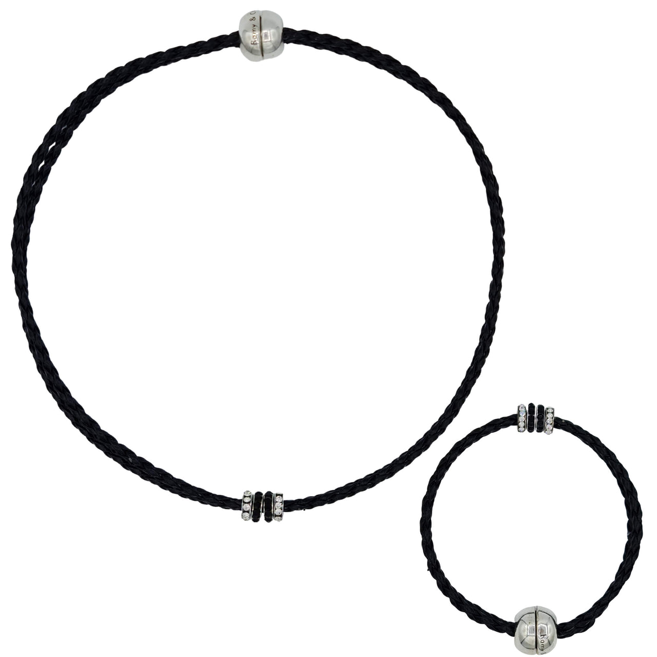 Pulsera y collar  de cuero sintético trenzado negro y rondelles de strass