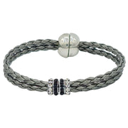 Pulsera de cuero sintético trenzado gris y rondelles de strass