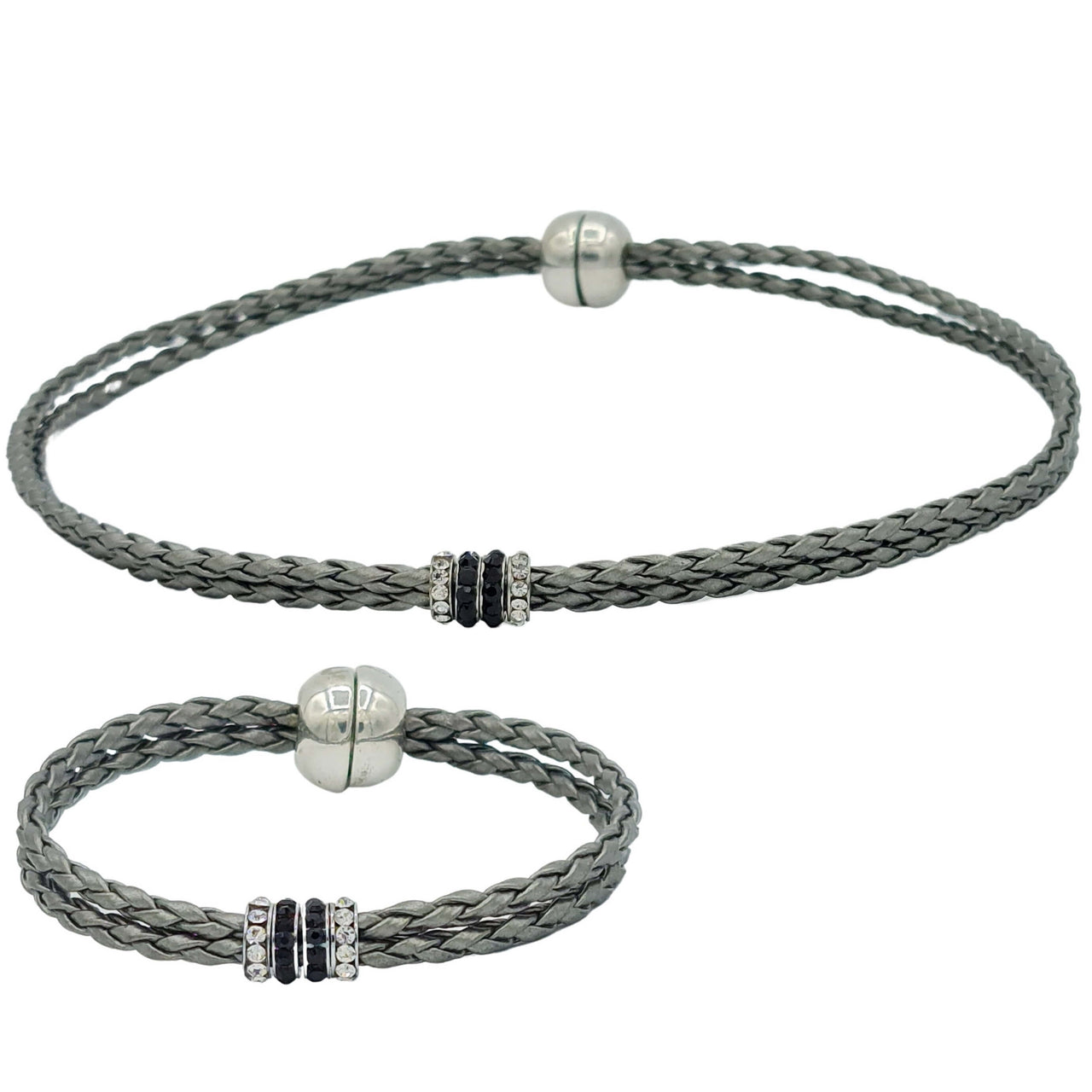 Set de pulsera y collar  de cuero sintético trenzado gris y rondelles de strass