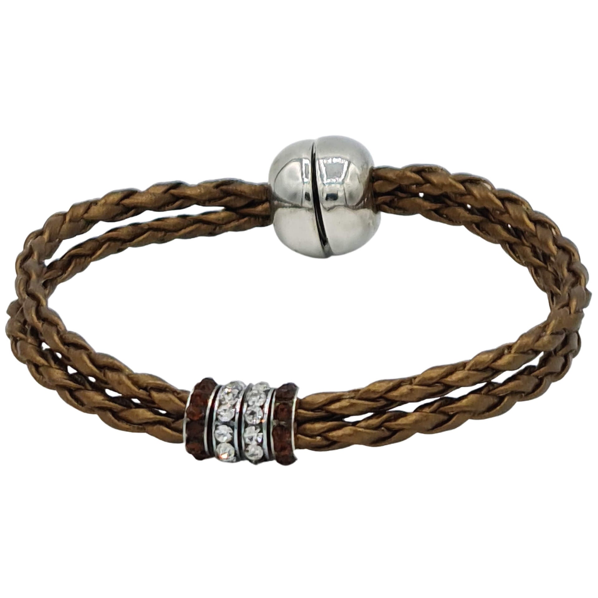 Pulsera de cuero sintético trenzado dorado y rondelles