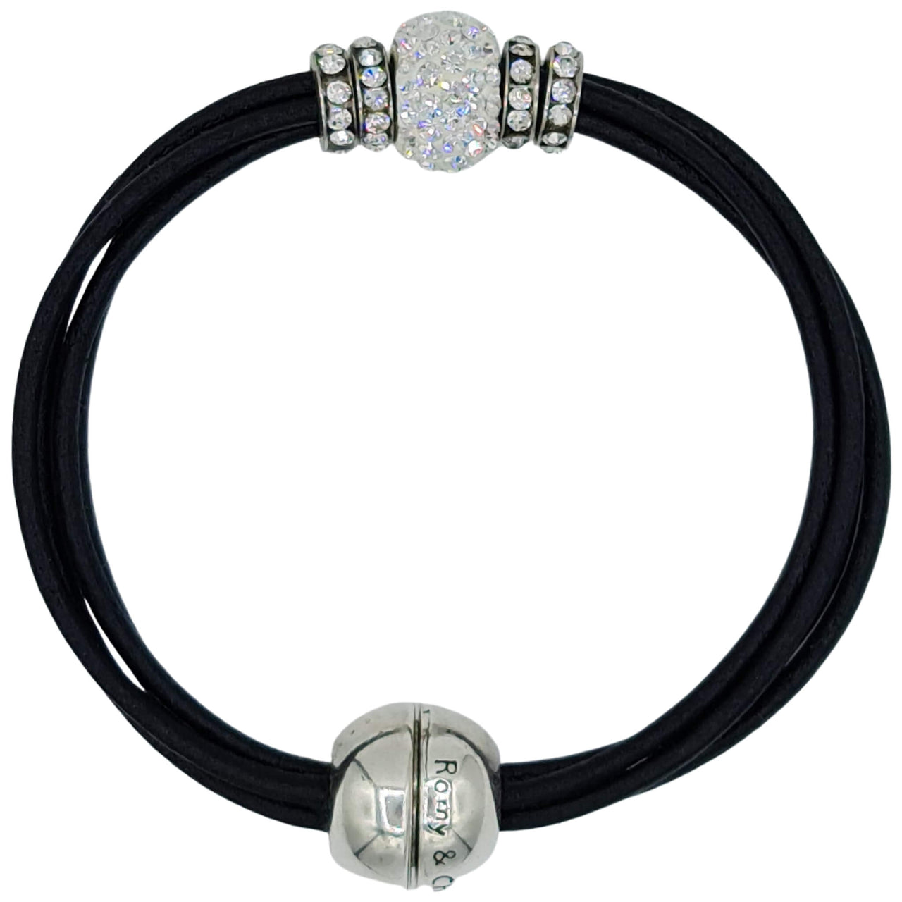 Pulsera de cuero negro y brillantes de cristal blancos