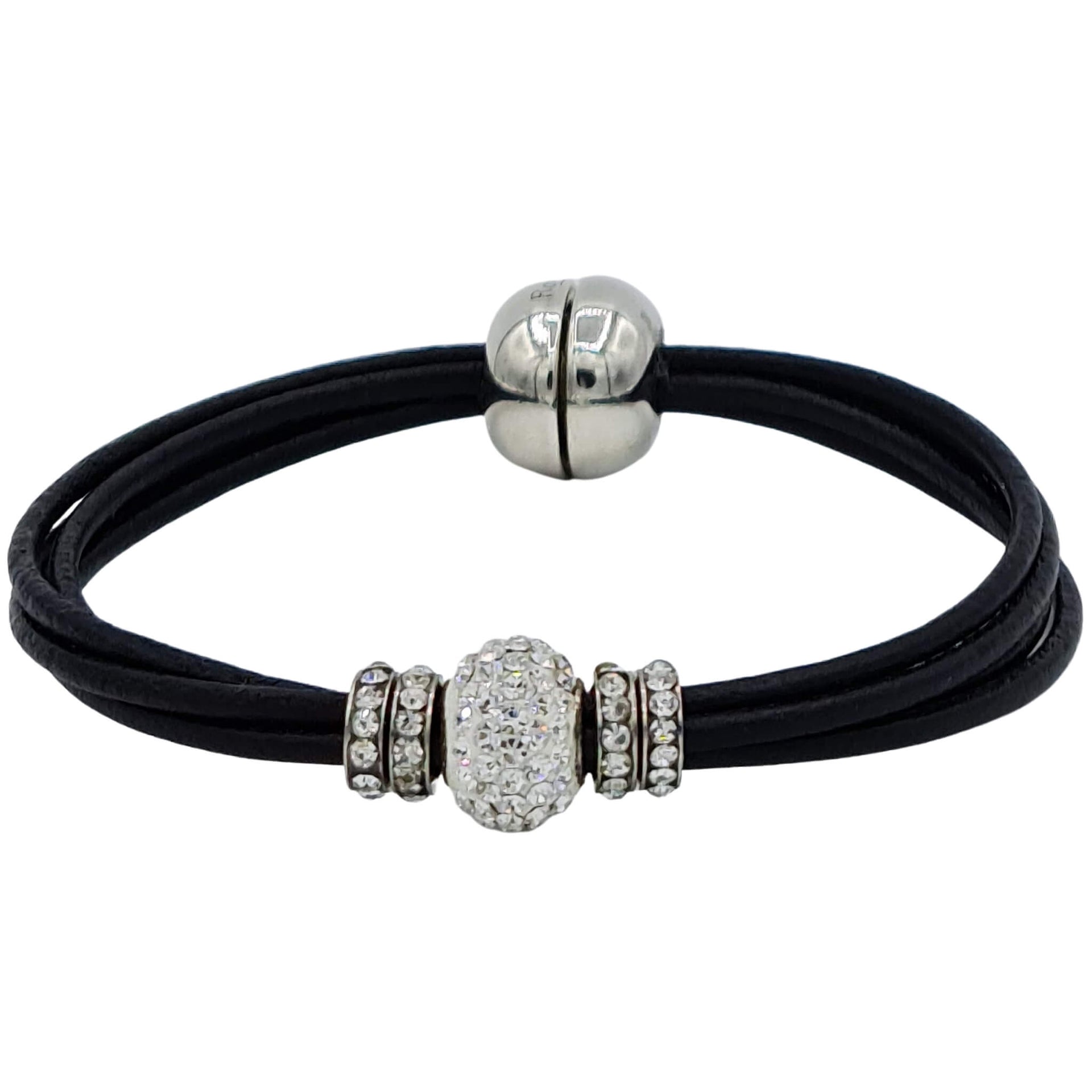 Pulsera de cuero negro y brillantes de cristal blancos