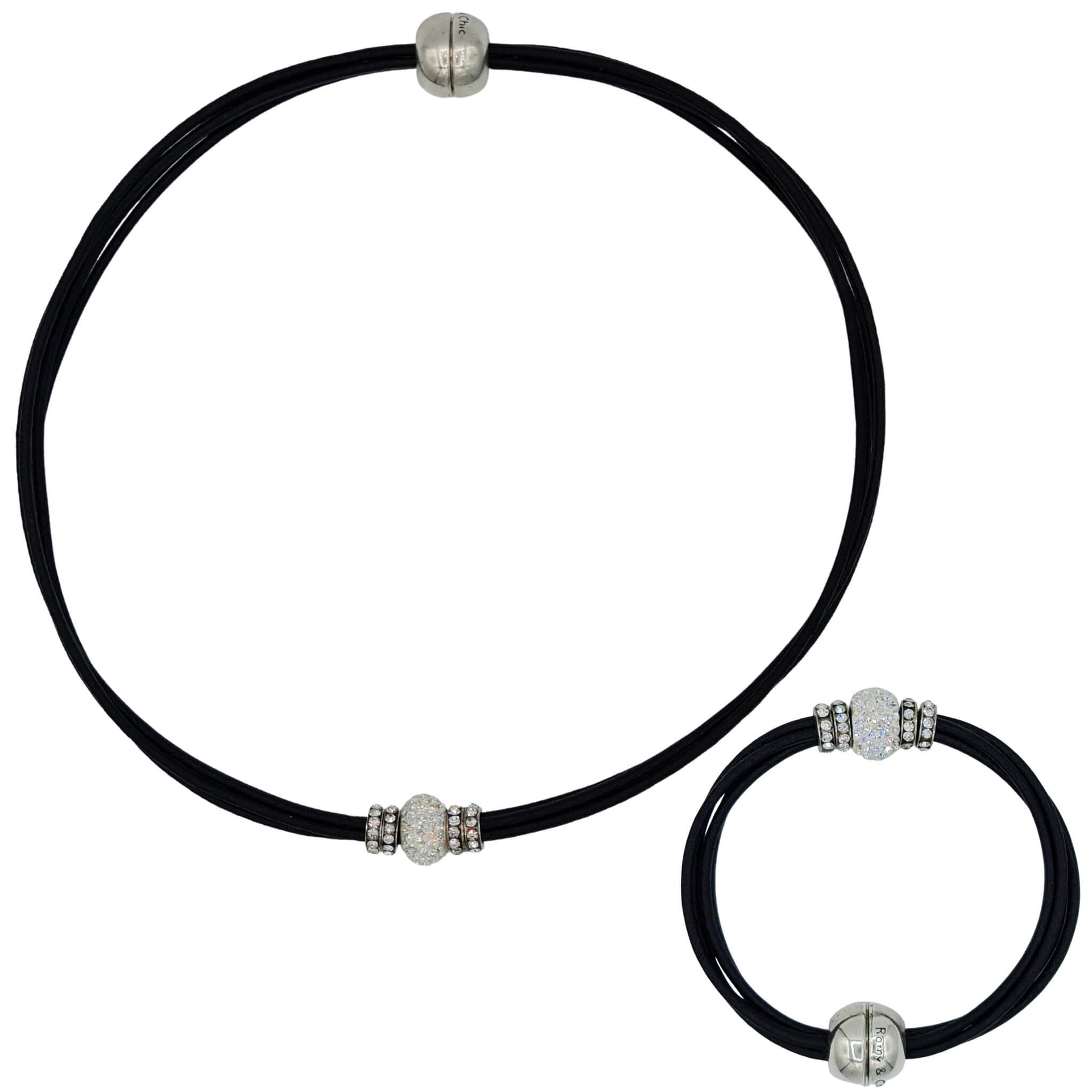 Set de pulsera y collar de cuero negro y brillantes de cristal blancos