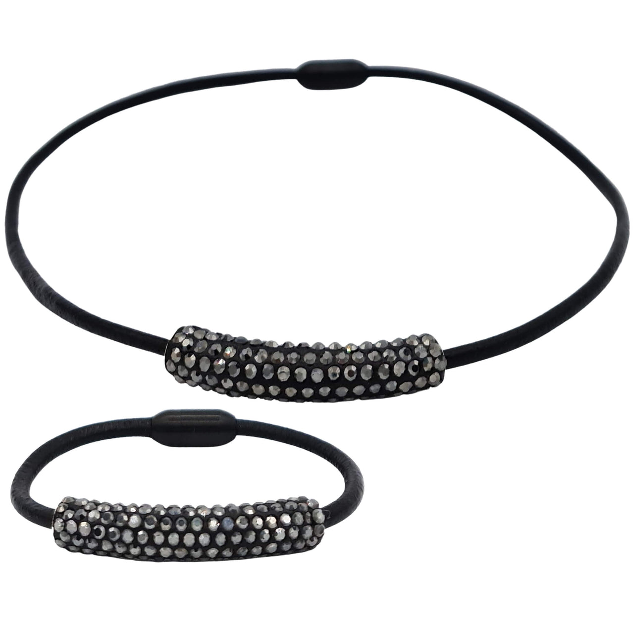 Set de Pulsera y collar de cuero negro y tubo de strass negro