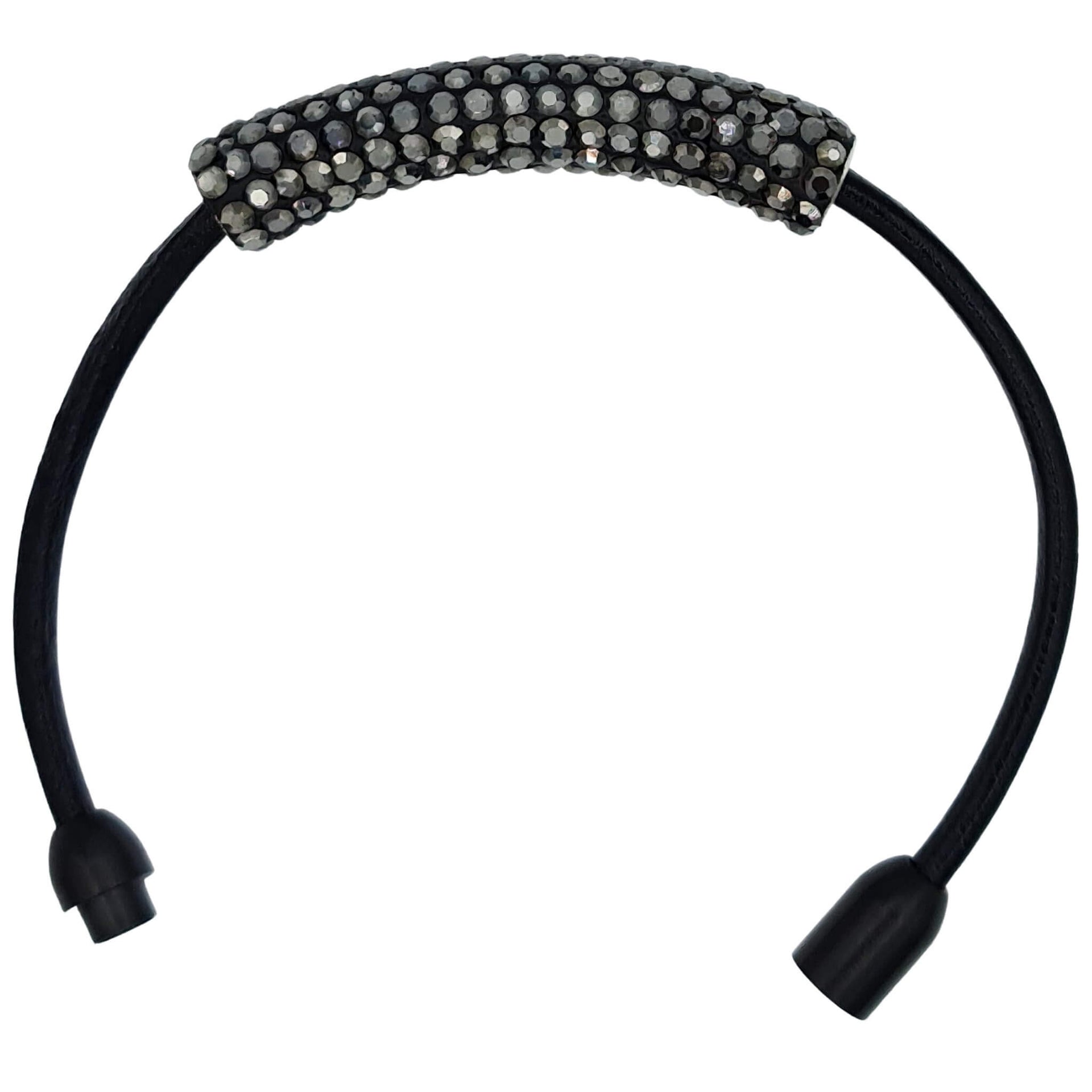 Pulsera de cuero negro y tubo de strass negro