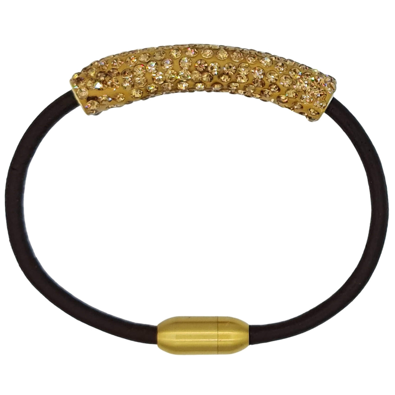 Pulsera de cuero marrón y tubo central de strass dorado