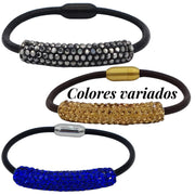 Pulseras de cuero y tubo central de strass multicolor