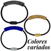 Pulseras de cuero y tubo central de strass multicolor